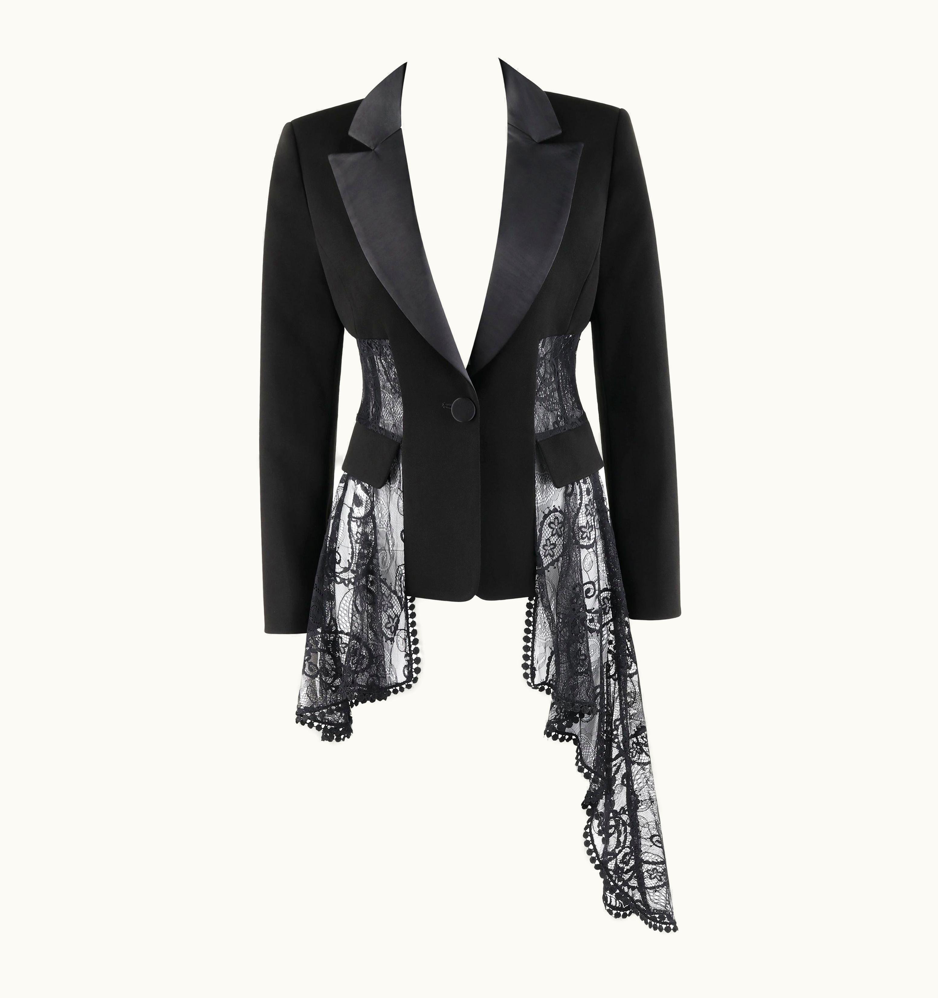 Alexander McQueen Alexander McQUEEN Pre Fall 2018 Black Lace Asymmetric Tuxedo Blazer Dress Jacket