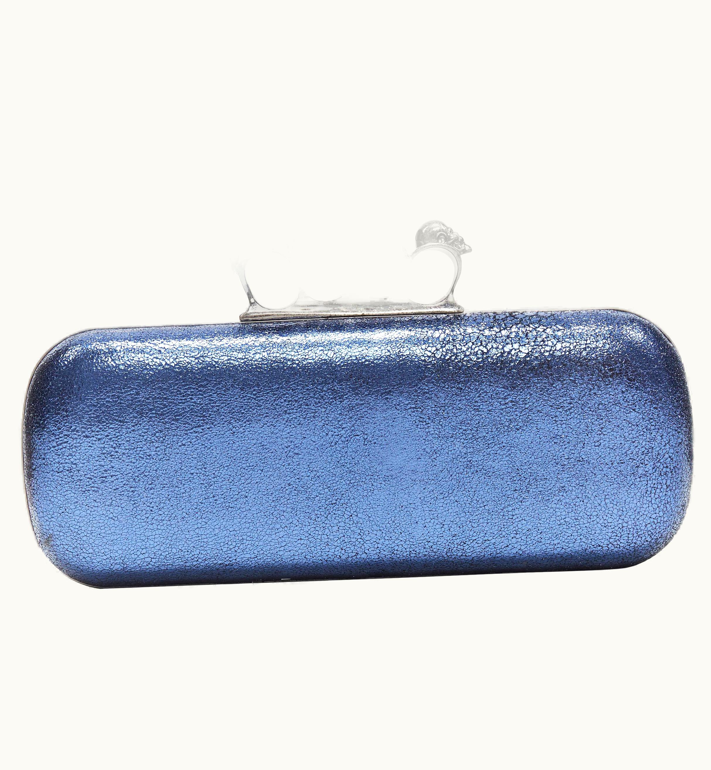 Alexander McQueen Alexander Mcqueen Metallic Blue Leather 4-ring Skull Knuckleduster Box Clutch