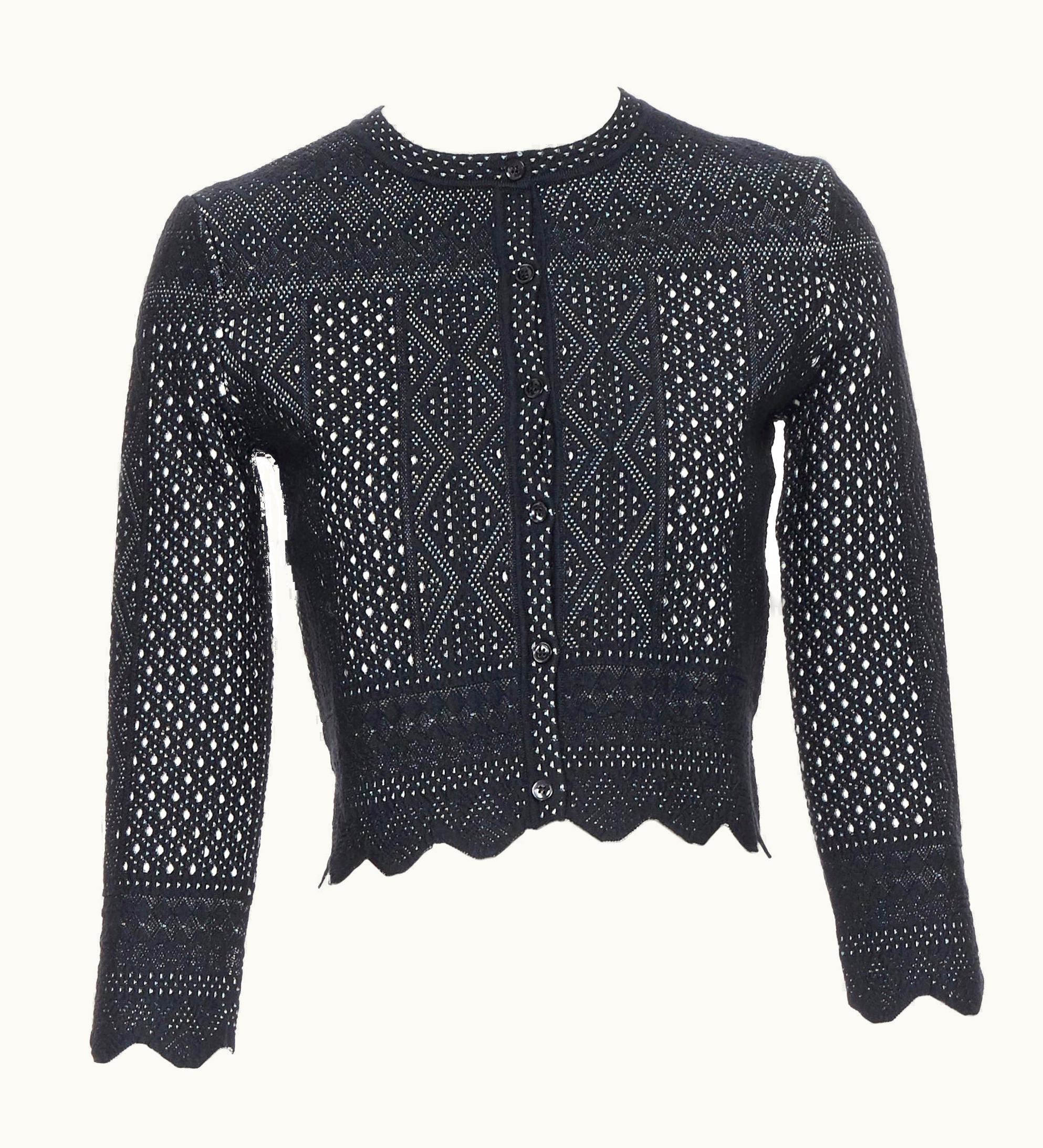 Alexander McQueen Alexander Mcqueen Viscose Silk Black White Jacquard Knit Scalloped Cardigan Xxs