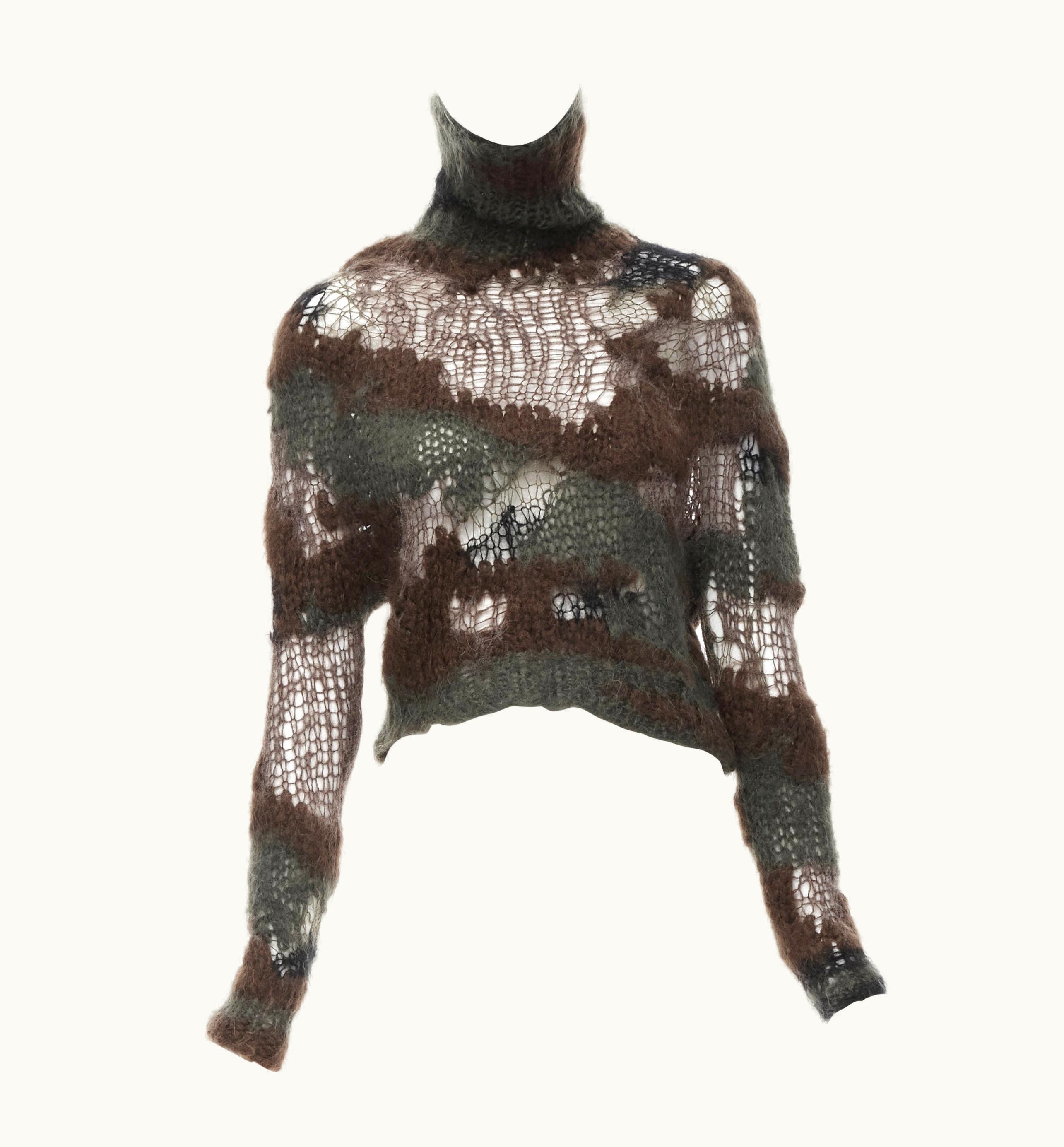 Junya Watanabe Junya Watanabe Green Brown Camouflage Loose Knit Cropped Turtleneck Sweater