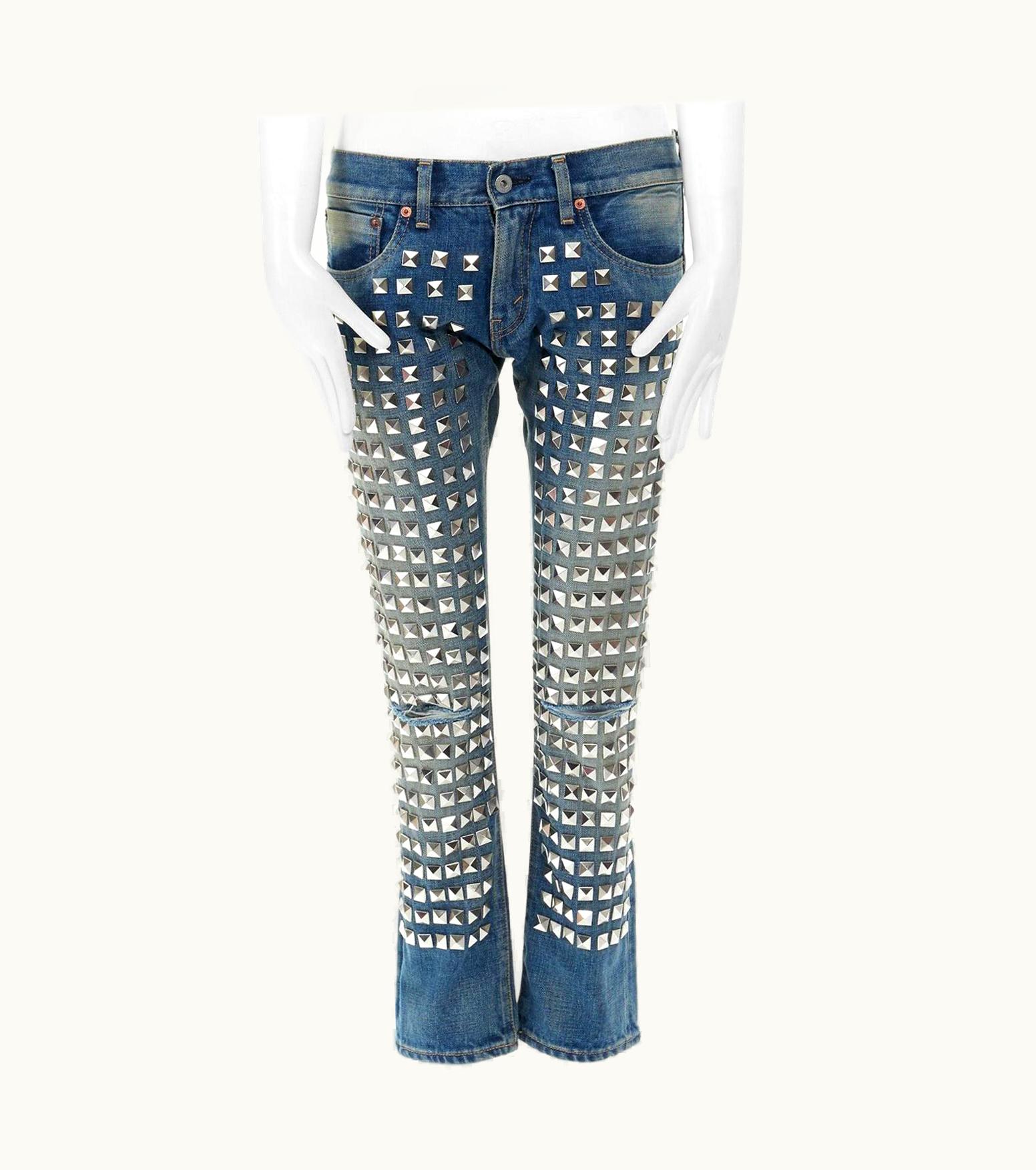 Junya Watanabe Junya Watanabe Punk Silver Studded Low Rise Straight Washed Jeans Pants