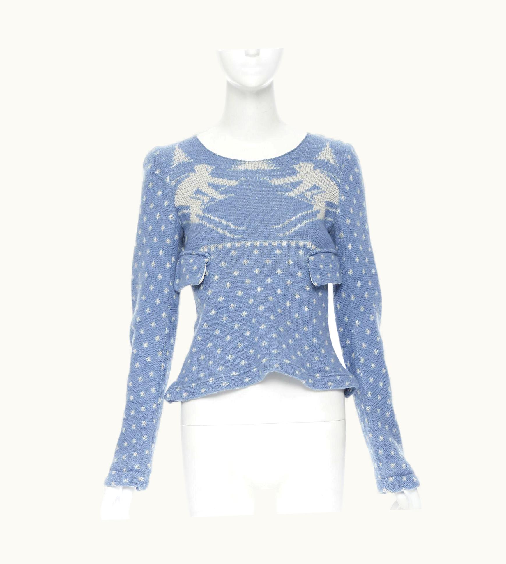 Junya Watanabe Junya Watanabe 1994 Blue White Skier Intarsia Snowflake Cropped Sweater