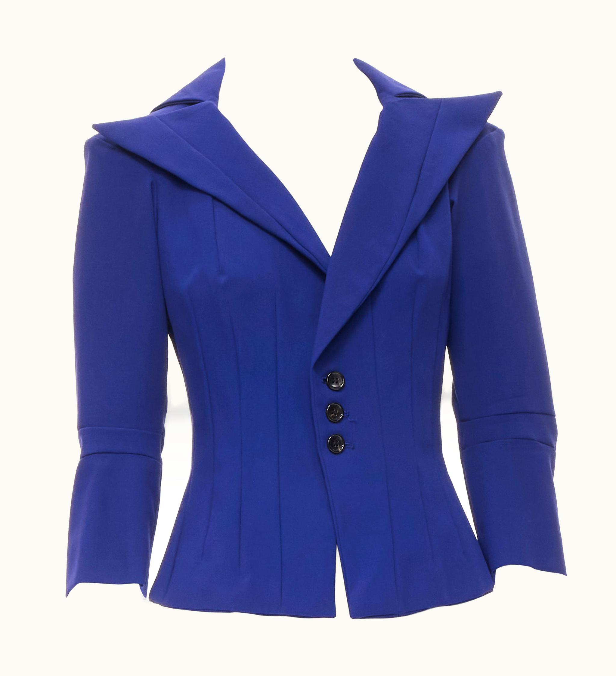 Junya Watanabe Junya Watanabe 1996 Blue Pleated Panelled Waist Angular Collar Blazer Jacket