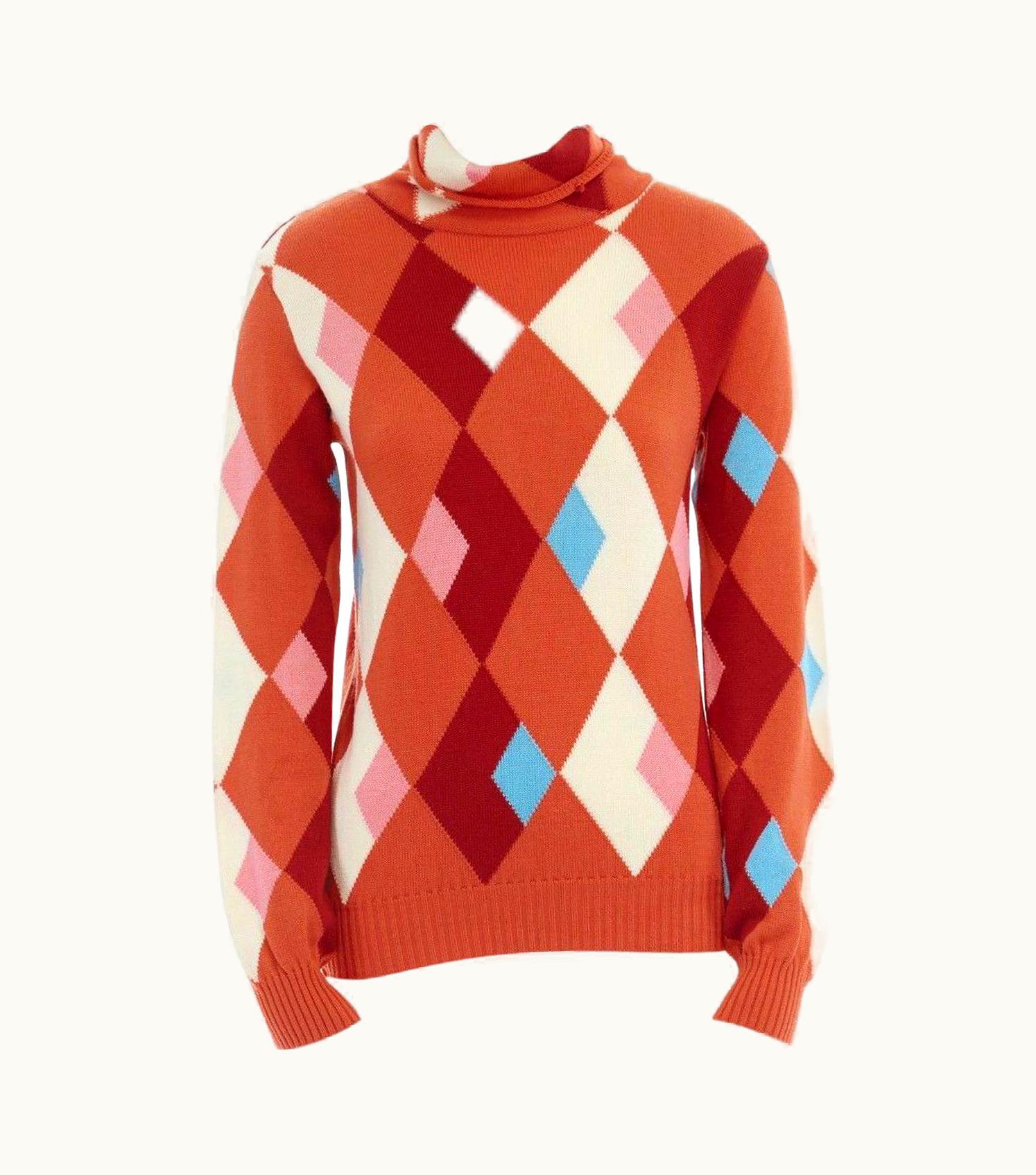 Junya Watanabe Runway Junya Watanabe 2001 Orange Argyle Knitted Wool Turtleneck Sweater Top