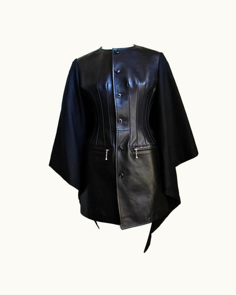 Comme Des Garçons Junya Watanabe Comme Des Garcons Jet Black Wool And Leather Cape Jacket