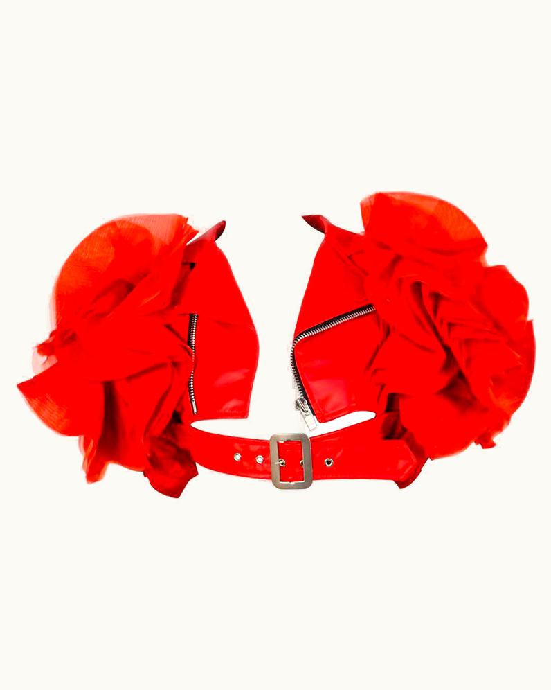 Junya Watanabe Junya Watanabe Red Cropped Biker Jacket With Ruffled Sleeves - Runway 2012