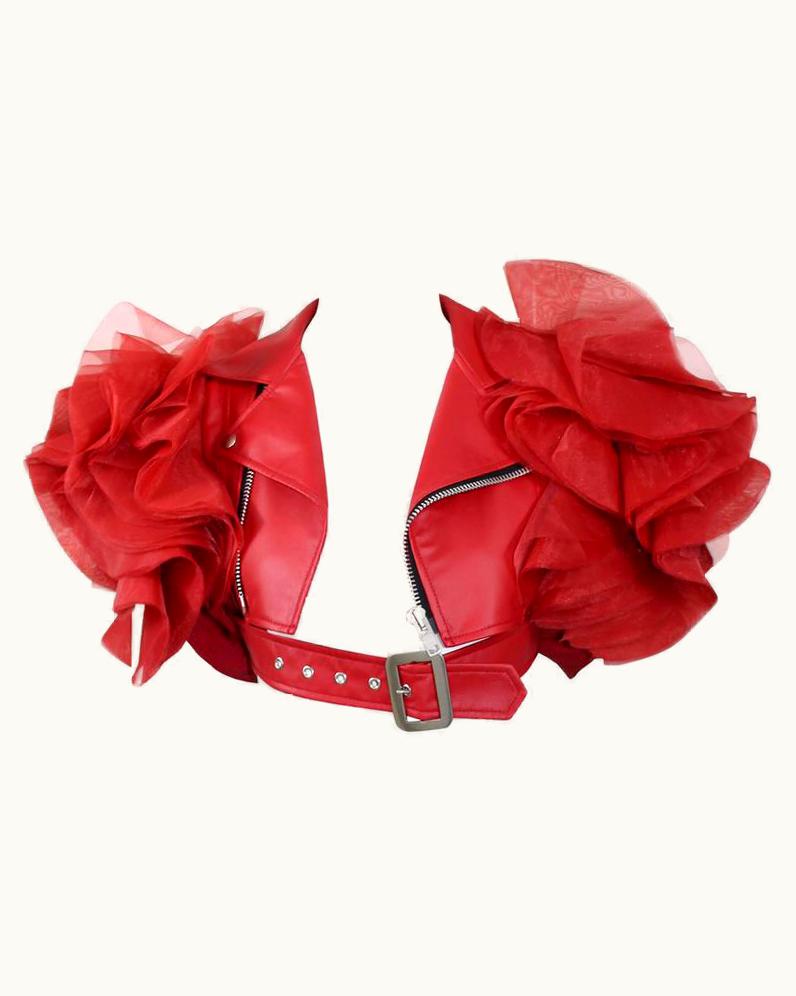 Comme Des Garçons 2012 Junya Watanabe Comme Des Garcons Red Faux Leather Ruffle Cropped Jacket