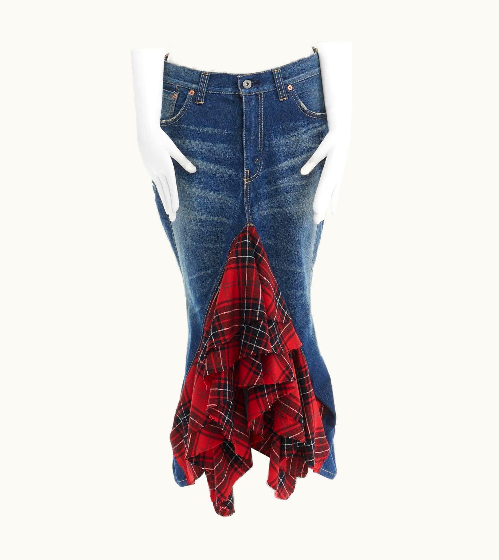 Junya Watanabe Junya Watanabe 2017 Blue Denim Red Plaid Ruffle Deconstructed Skirt