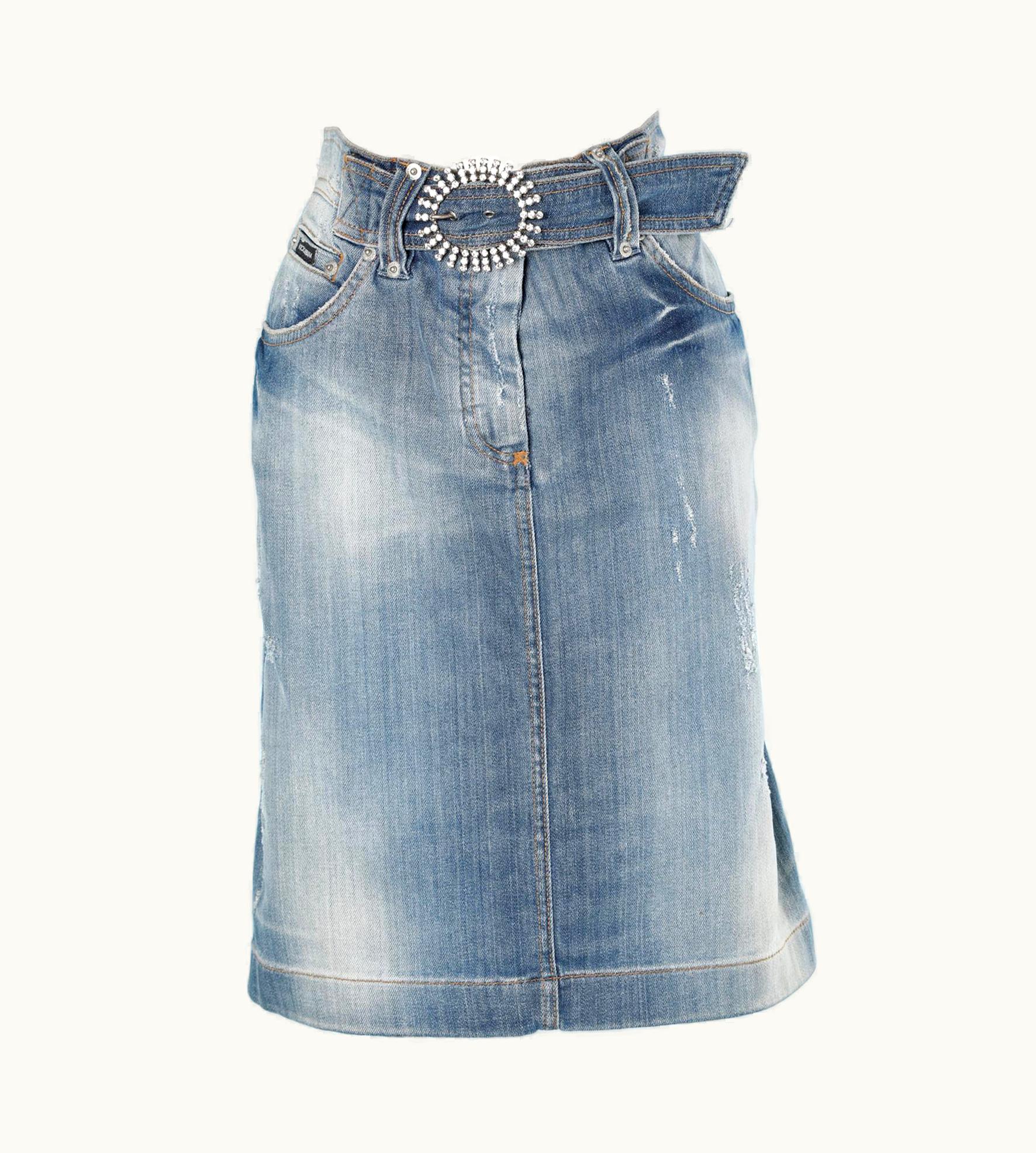 Dolce & Gabbana Denim Skirt With Rhinestone Belt Buckle Dolce & Gabbana