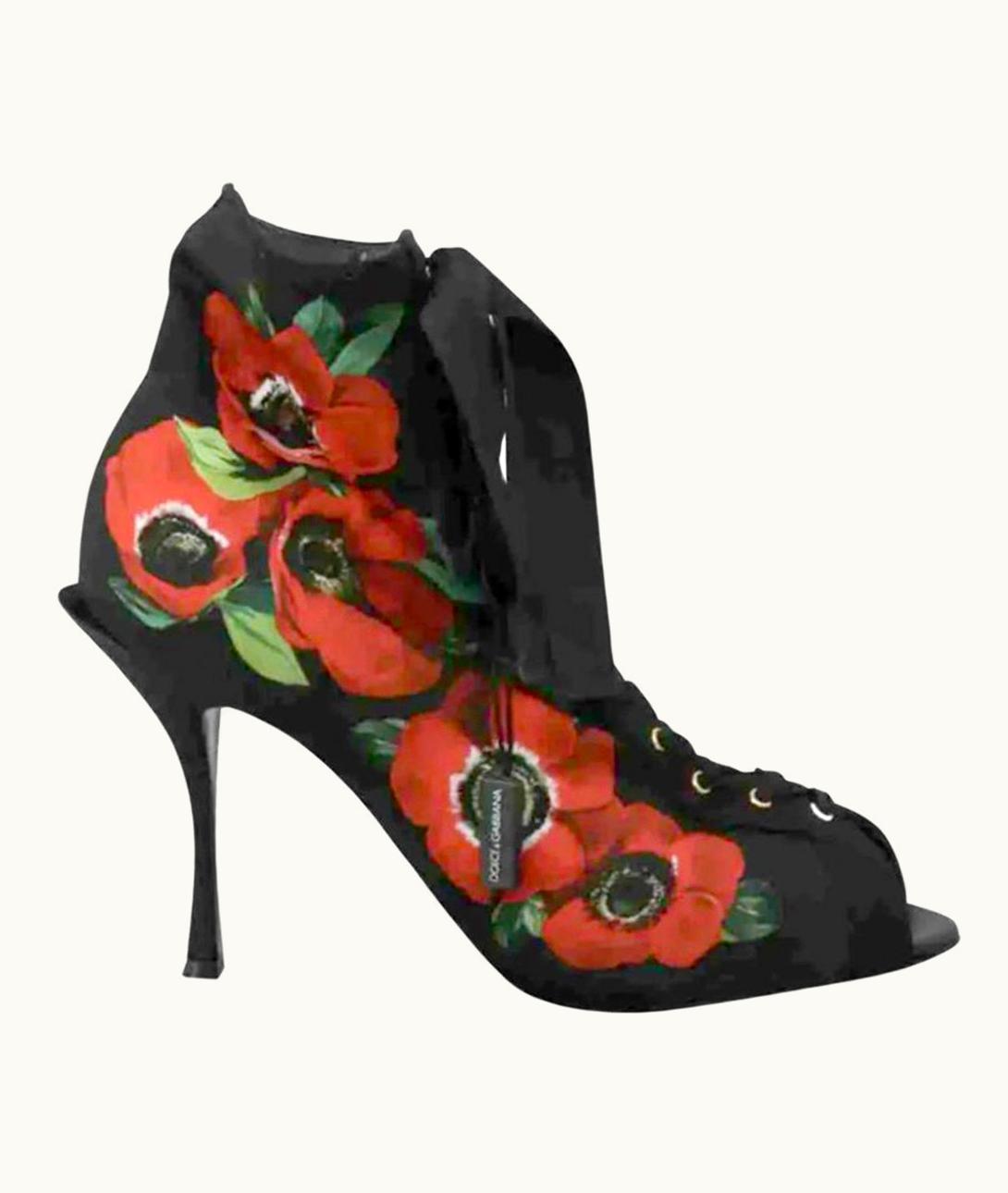 Dolce & Gabbana Dolce & Gabbana Open Toe Black Floral Cloth Heels Booties