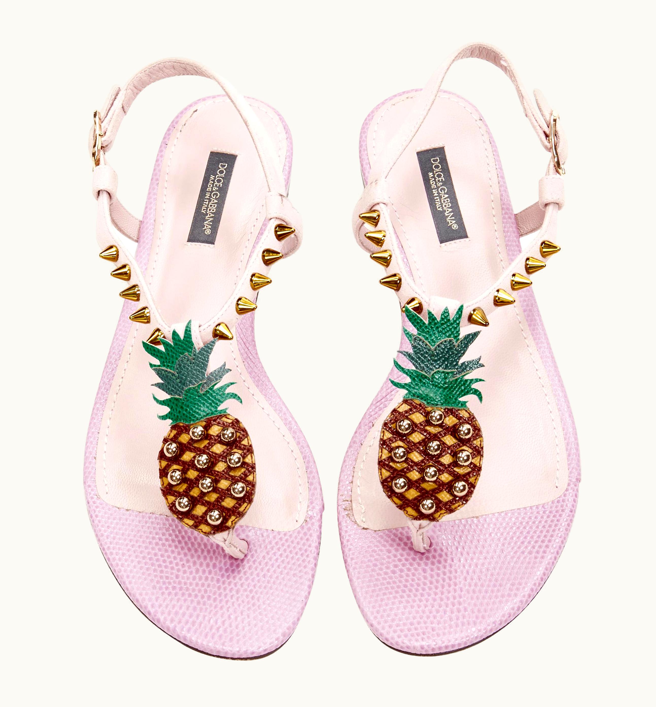 Dolce & Gabbana Dolce Gabbana Pink Pineapple Studded Thong Flat Sandals