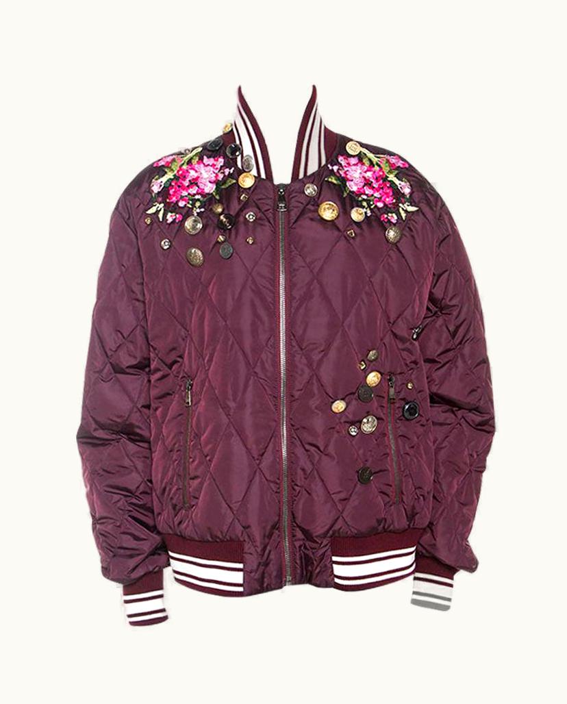 Dolce & Gabbana Dolce & Gabbana Hortensia Burgundy Nylon Embellished Bomber Jacket