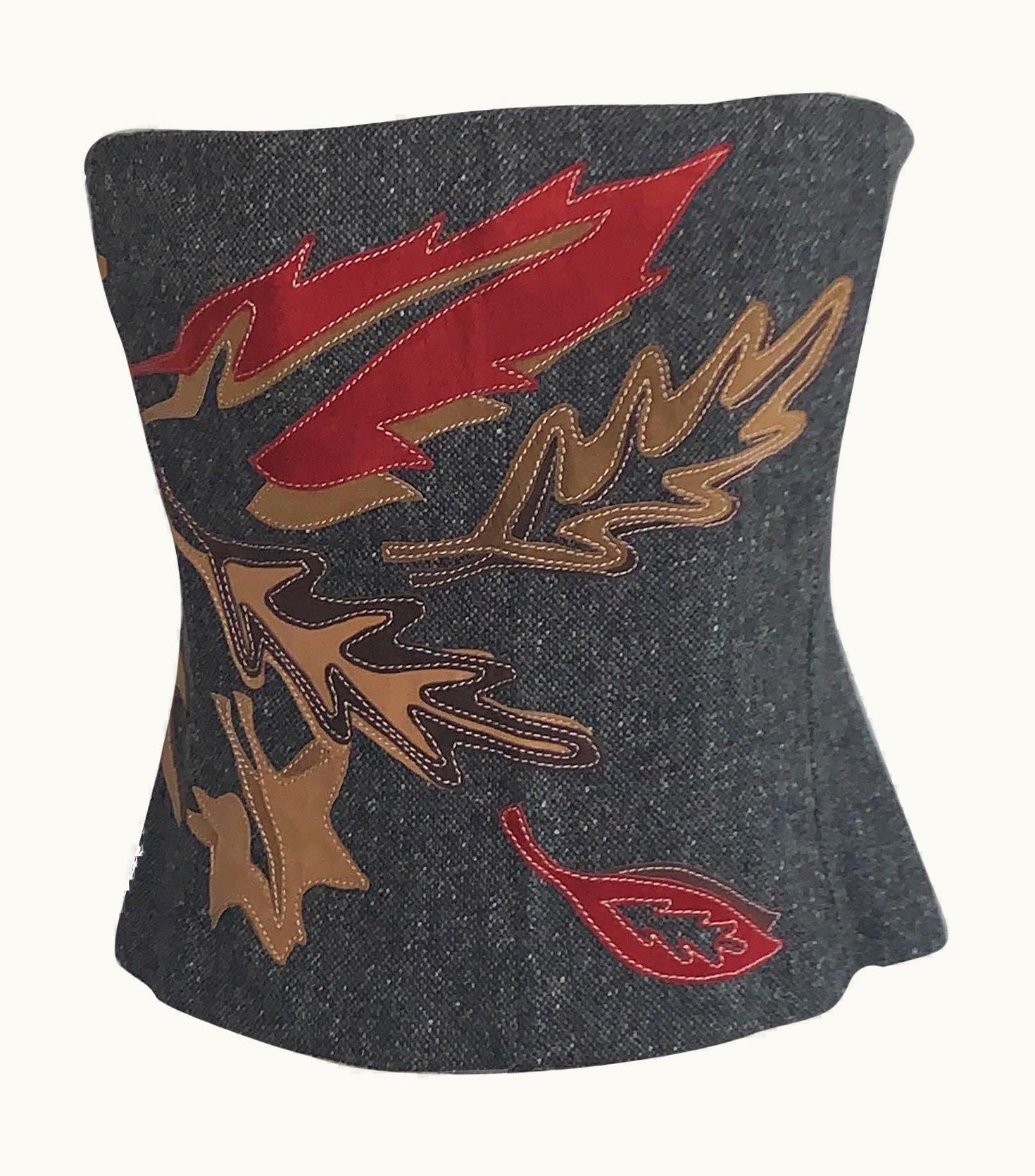 Dolce & Gabbana Dolce & Gabbana Leather Accent Leaf Corset Bustier In Grey Tweed