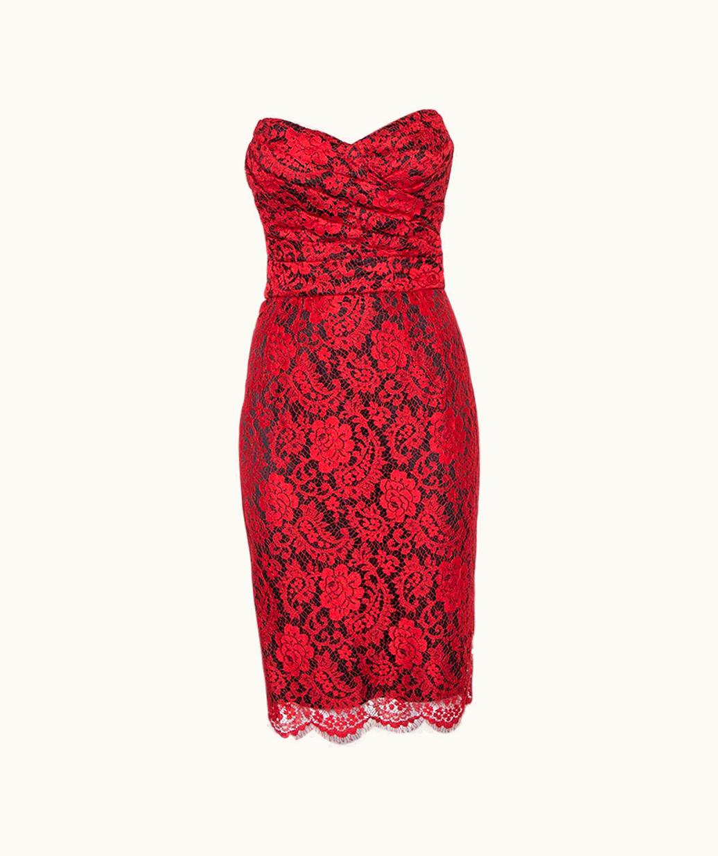 Dolce & Gabbana Dolce & Gabbana Red Lace Draped Strapless Mini Dress