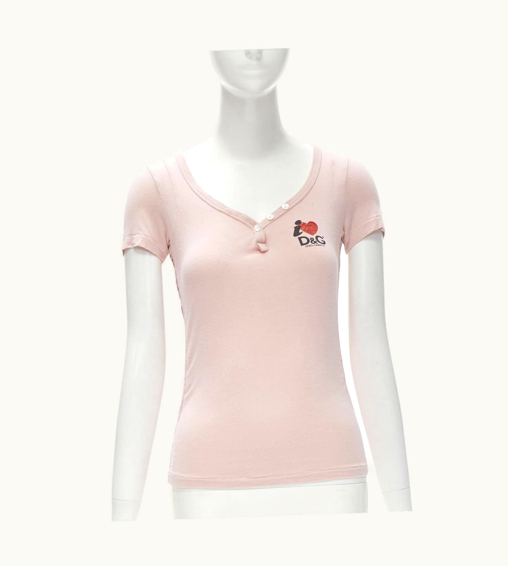 Dolce & Gabbana D&G Dolce Gabbana Y2k Pink Logo I Love Dg Velvet Trim V-neck Tshirt