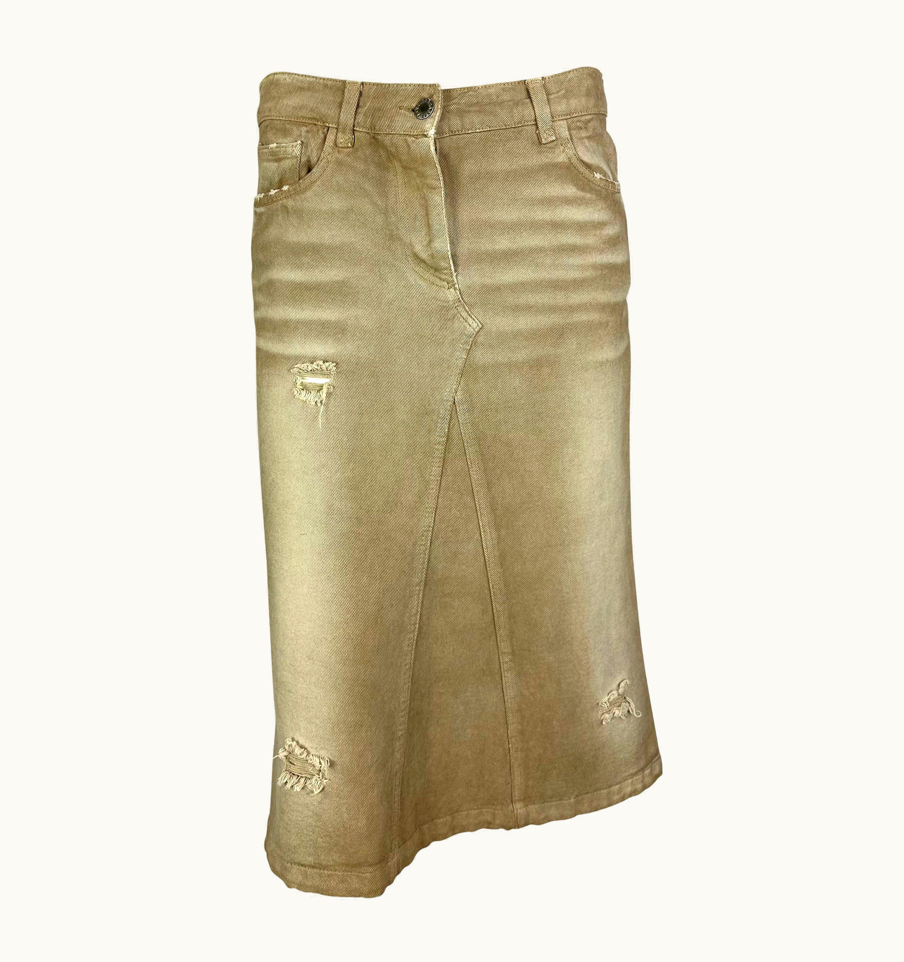 Dolce & Gabbana Late 1990s Dolce & Gabbana Beige Distressed Denim Mid-Length Skirt UZ0609221