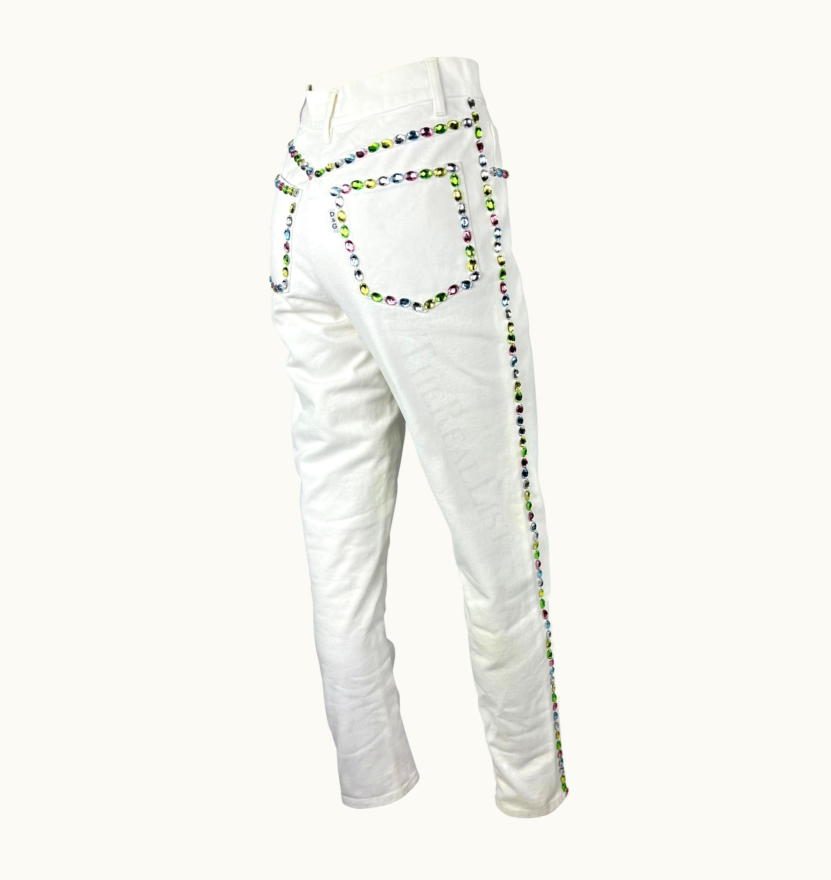 Dolce & Gabbana Early 1990s Dolce & Gabbana White Denim Multicolor Pastel Rhinestone Jeans