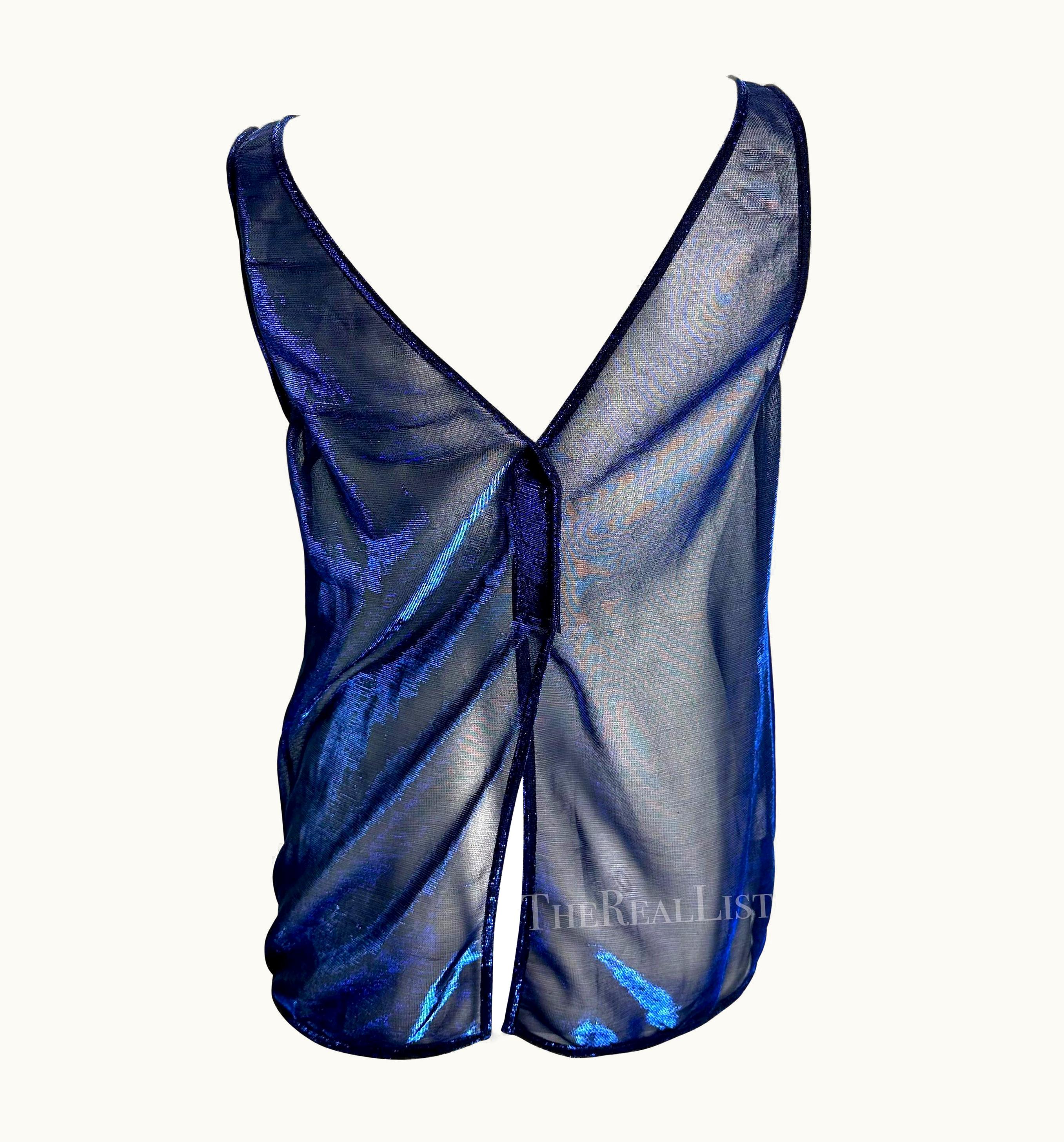 Dolce & Gabbana Late 1990s Dolce & Gabbana Blue Metallic Sheer Mesh Sleeveless Top