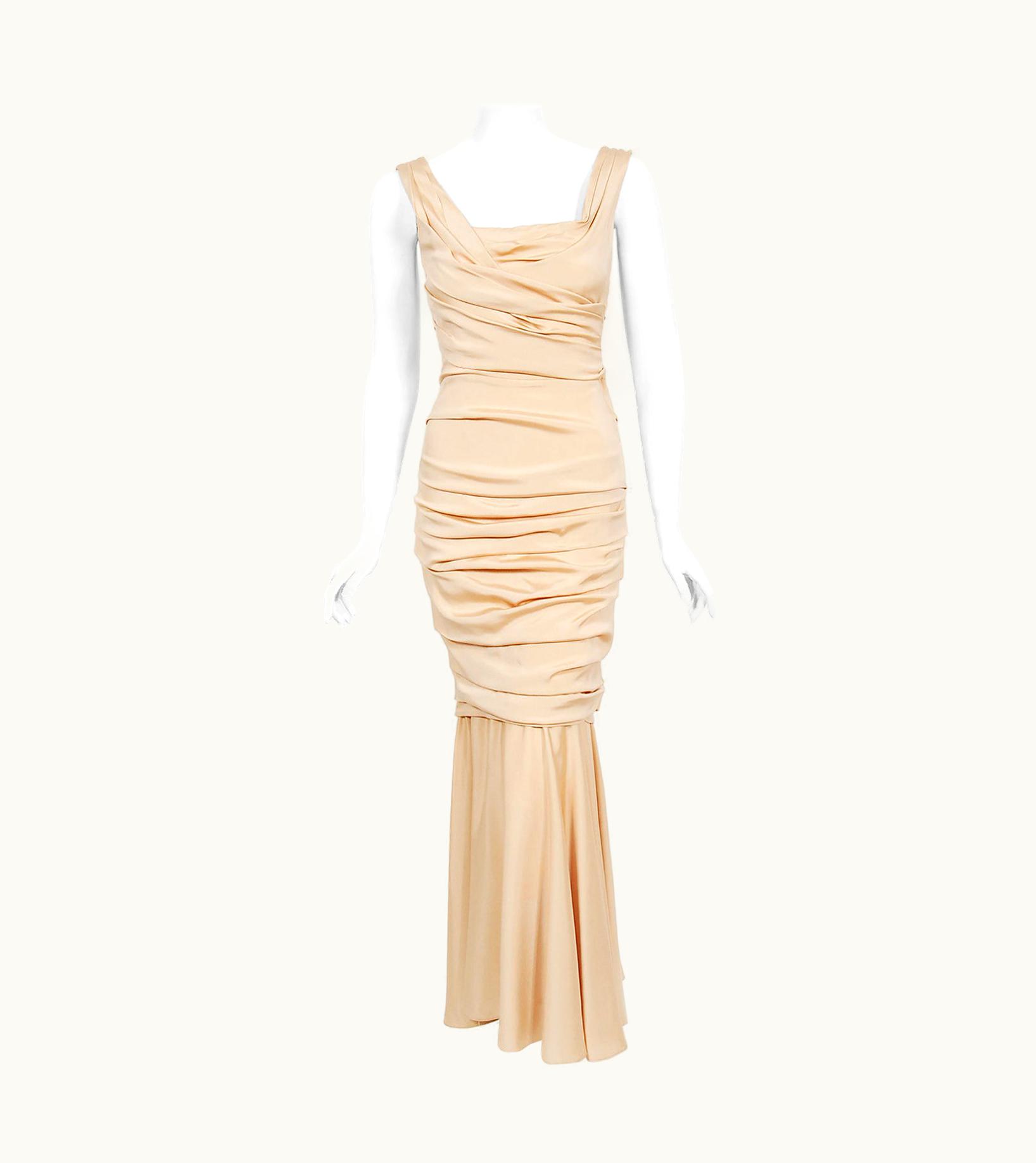 Dolce & Gabbana Vintage 2013 Dolce & Gabbana Naked Nude Ruched Stretch Silk Hourglass Gown