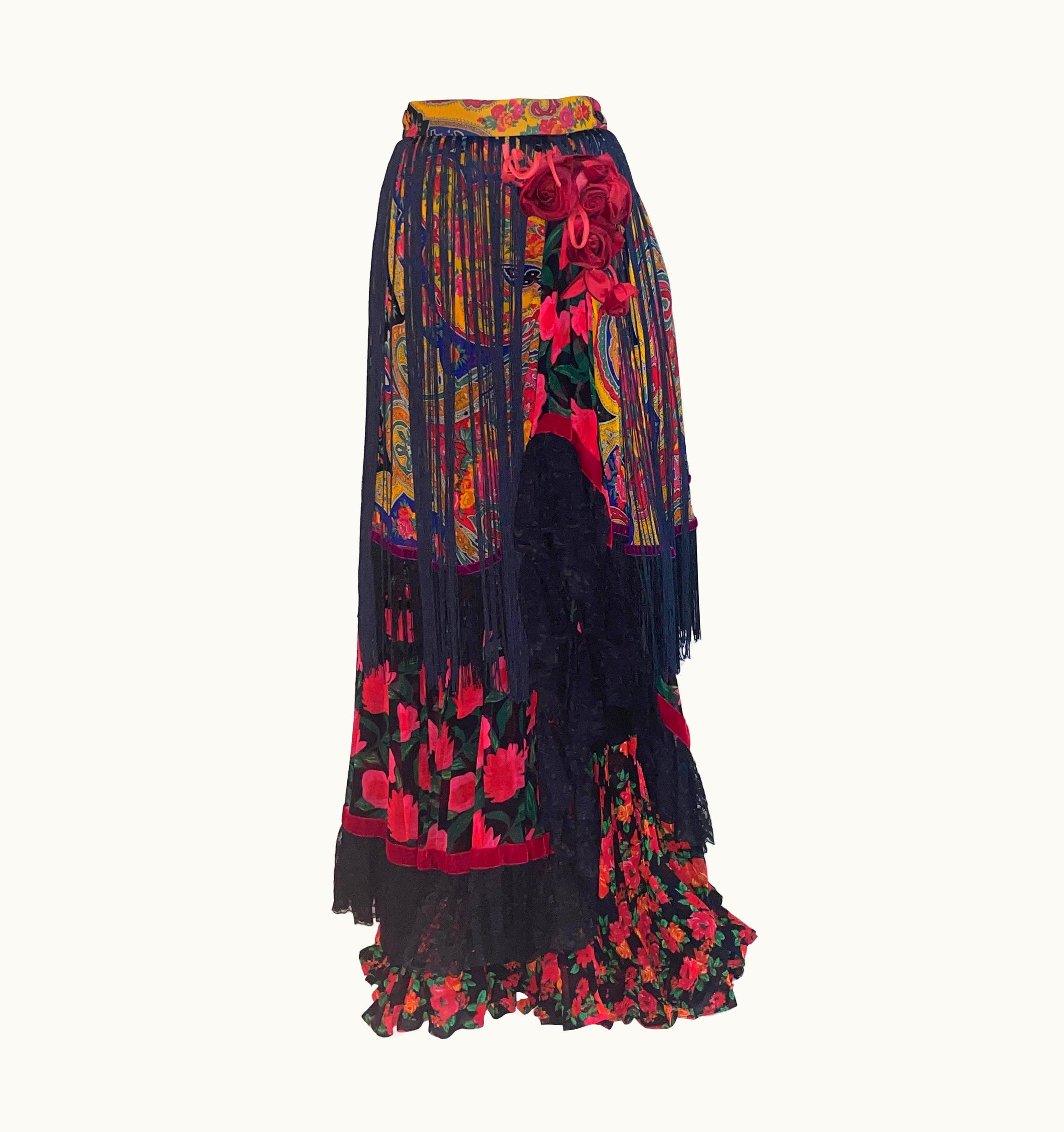 Dolce & Gabbana 1990s Dolce And Gabbana Tiered Floral Fringe Skirt In Black Red And Yellow