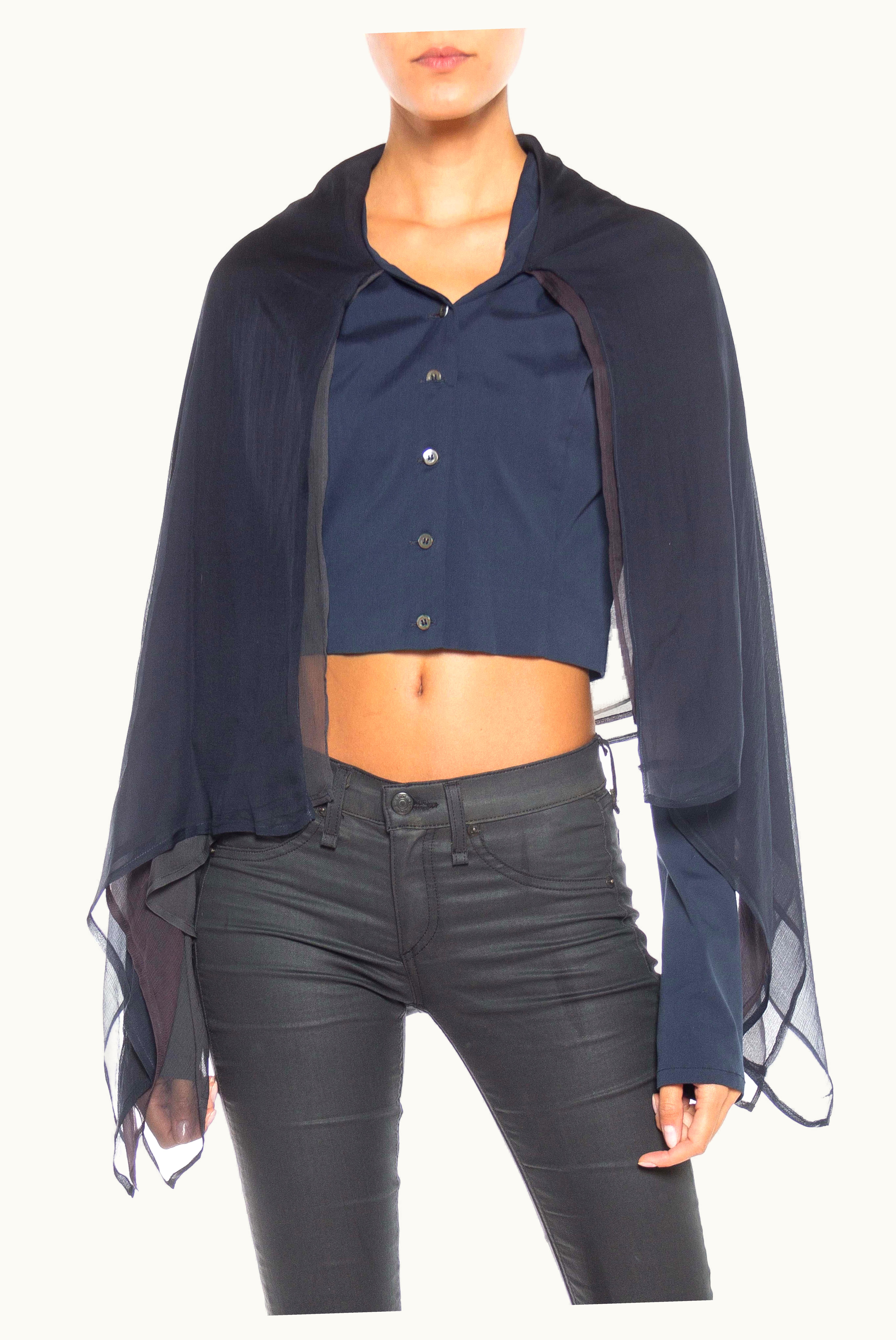 Dolce & Gabbana 1990s Dolce & Gabbana Navy Silk Chiffon Blouse With Sheer Layered Capelet