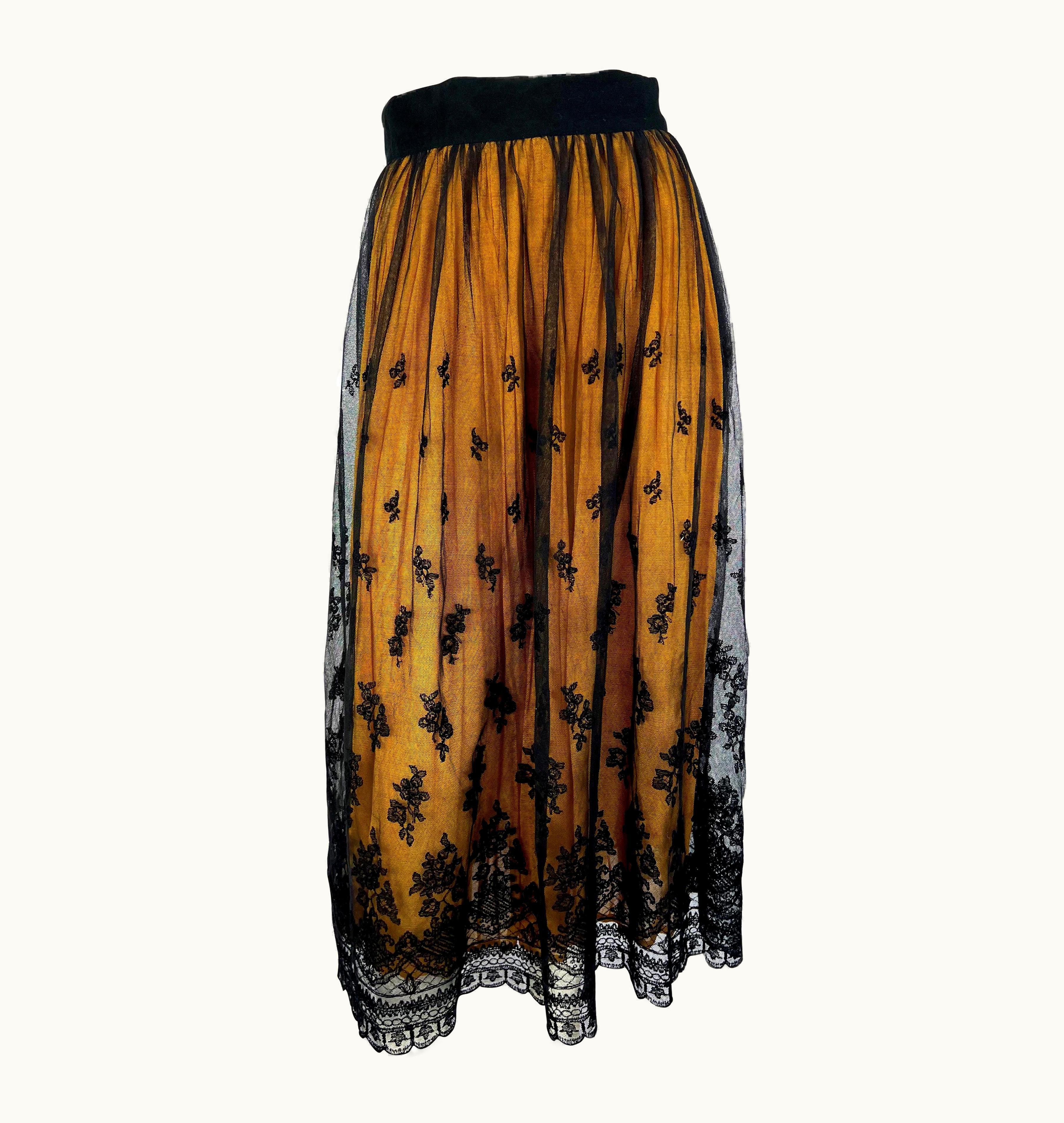 Dolce & Gabbana 1990s Dolce & Gabbana Black Lace Overlay Yellow Sheer Flared Maxi Skirt