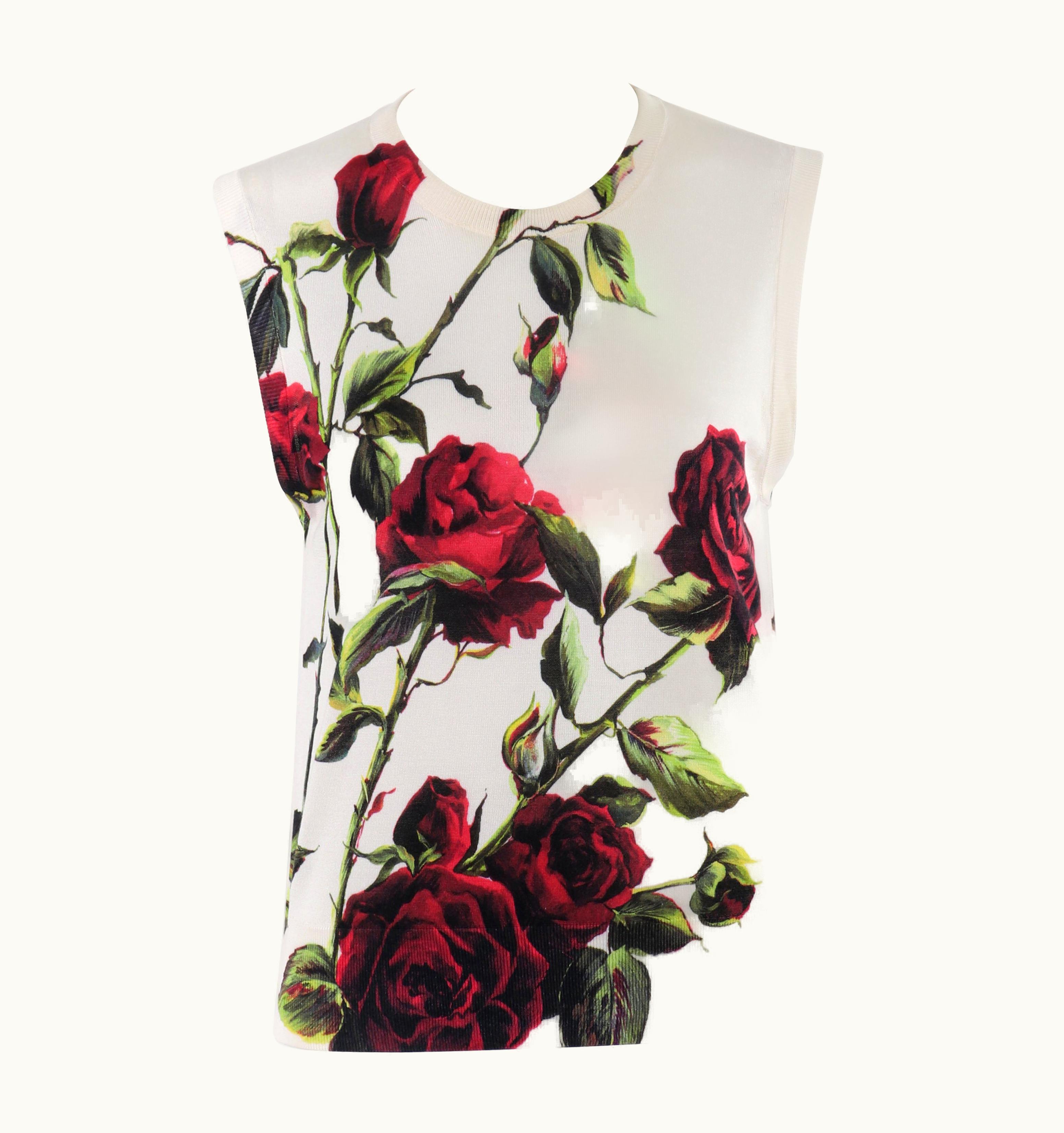 Dolce & Gabbana Dolce & Gabbana C.1990s Cream Multicolor Rose Print Silk Knit Sleeveless Top