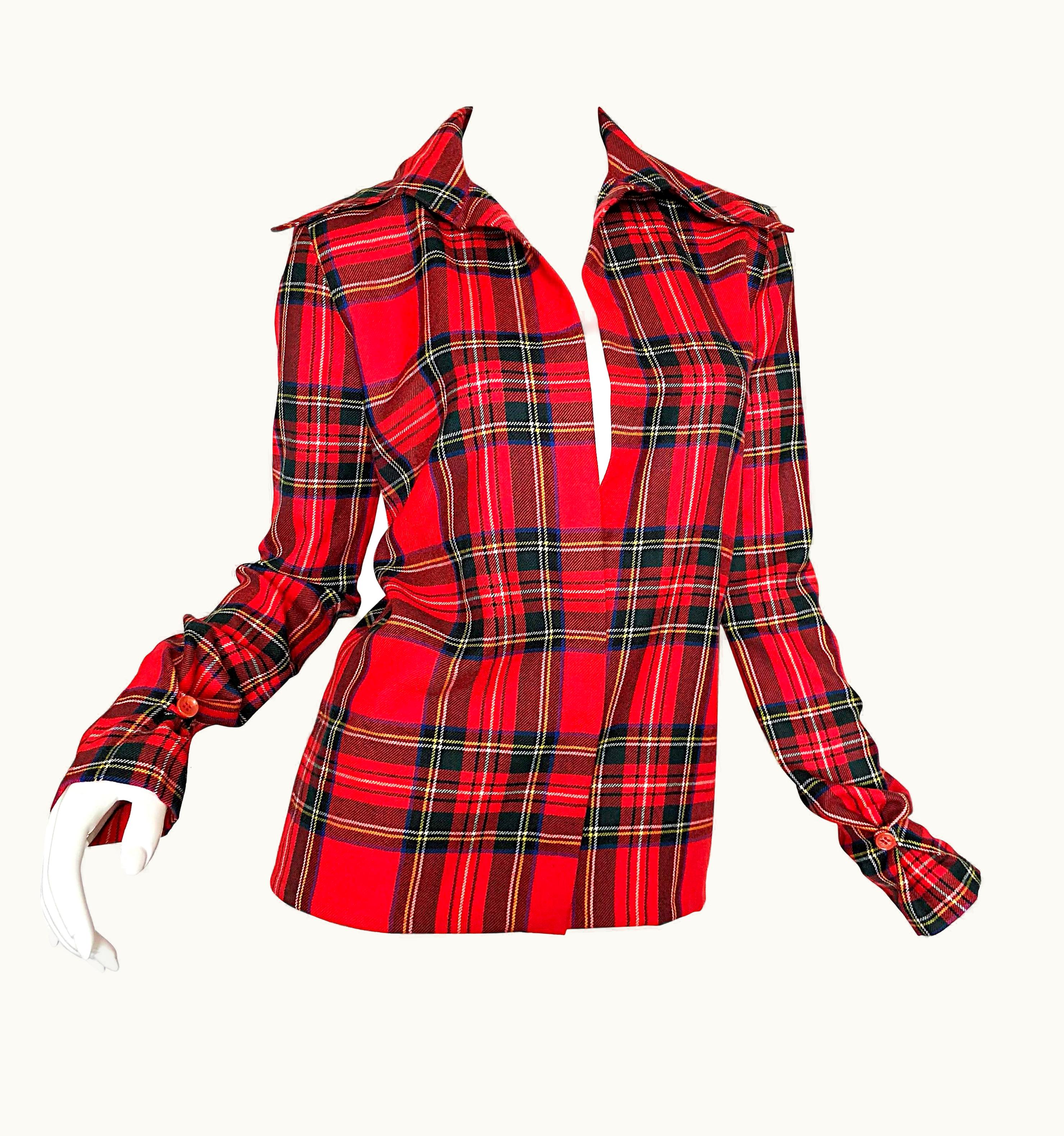 Dolce & Gabbana Dolce & Gabbana 1990s Red Tartan Plaid Virgin Wool 90s Plunging Flannel Shirt