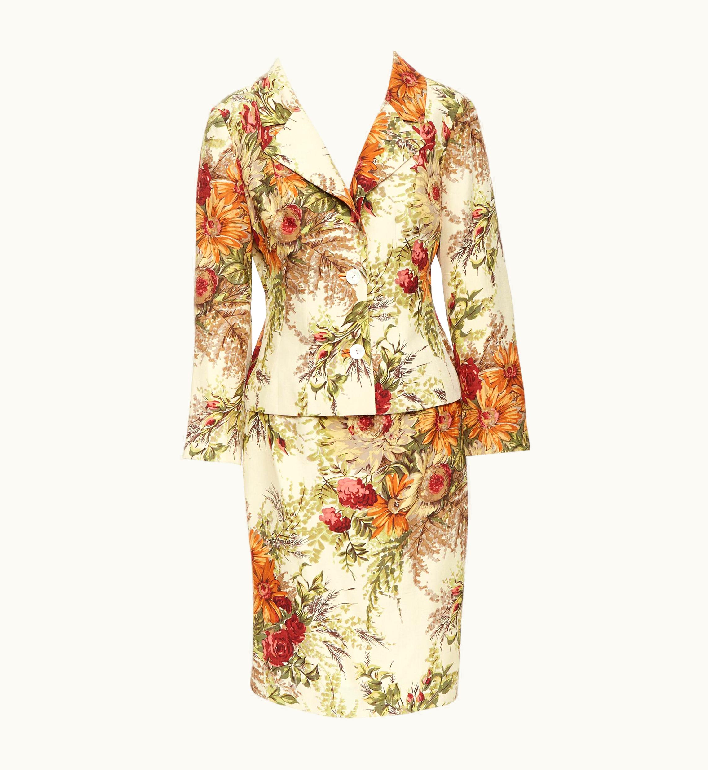 Dolce & Gabbana Vintage Dolce Gabbana Floral Illustration Print Raw Linen Jacket Skirt Suit
