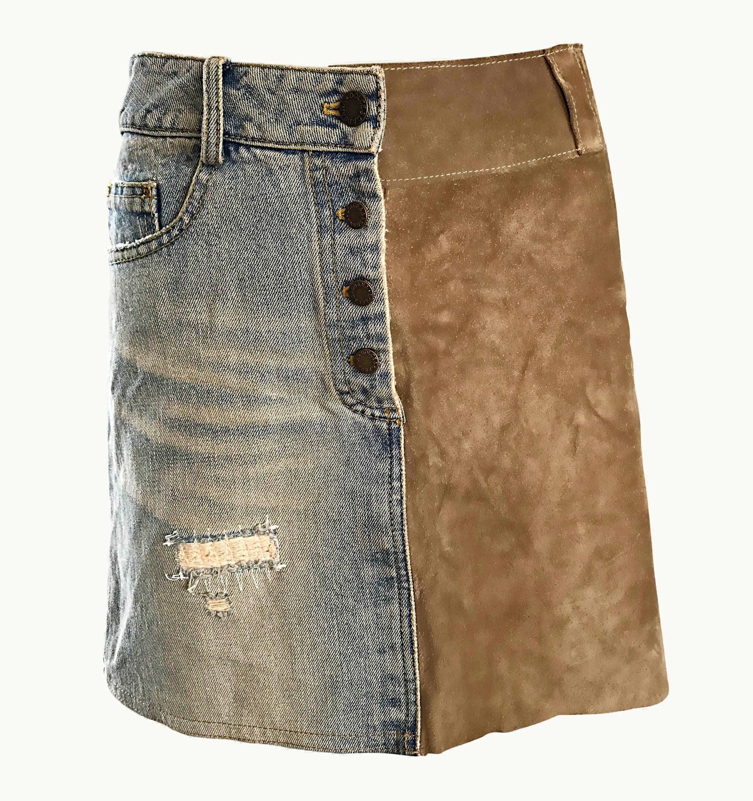 Dolce & Gabbana 1990s Dolce And Gabbana Denim + Suede Leather 90s Vintage Distressed Mini Skirt