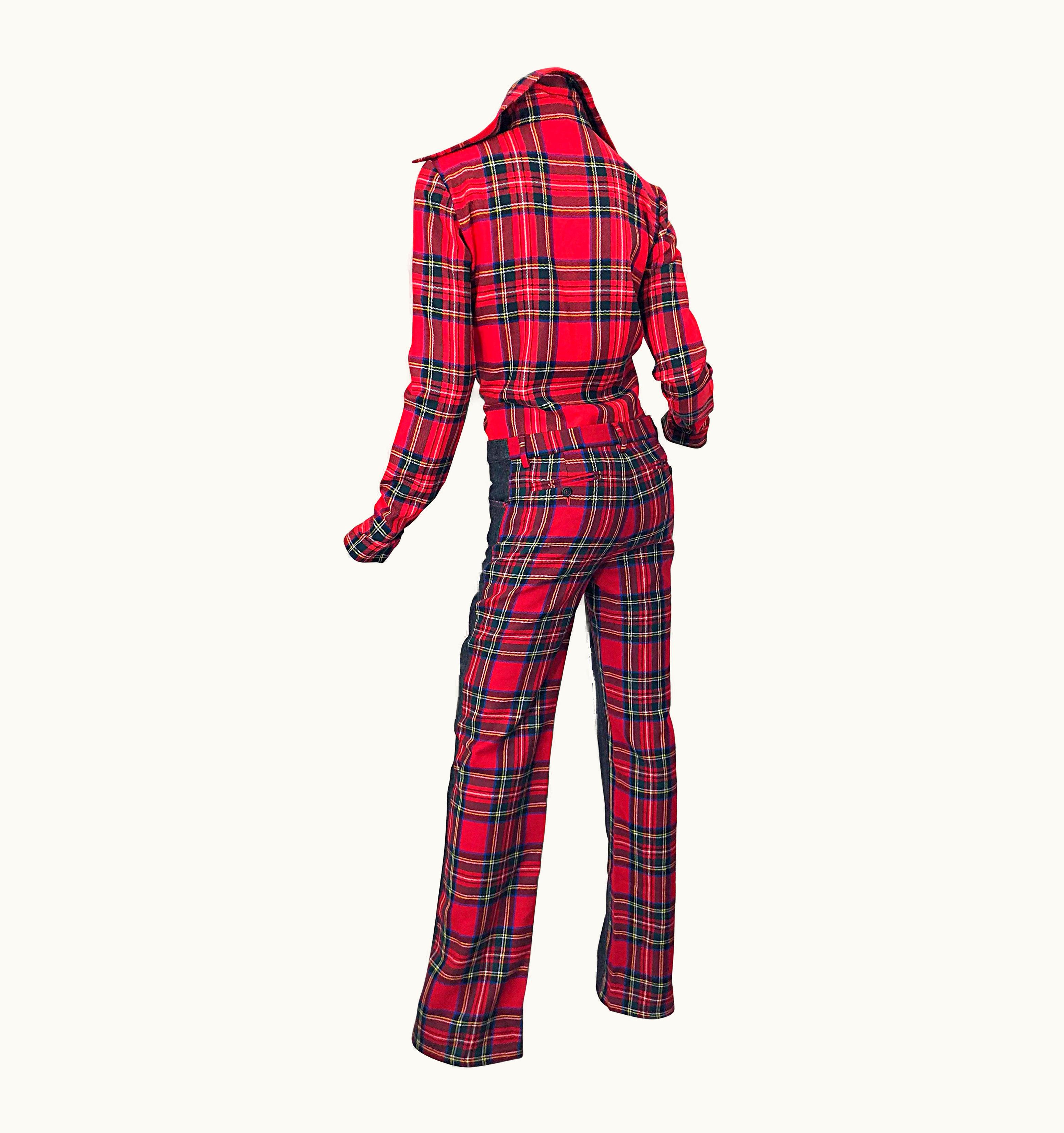 Dolce & Gabbana Rare 1990s Dolce & Gabbana Red Tartan Plaid Wool + Denim Flared Jeans And Shirt