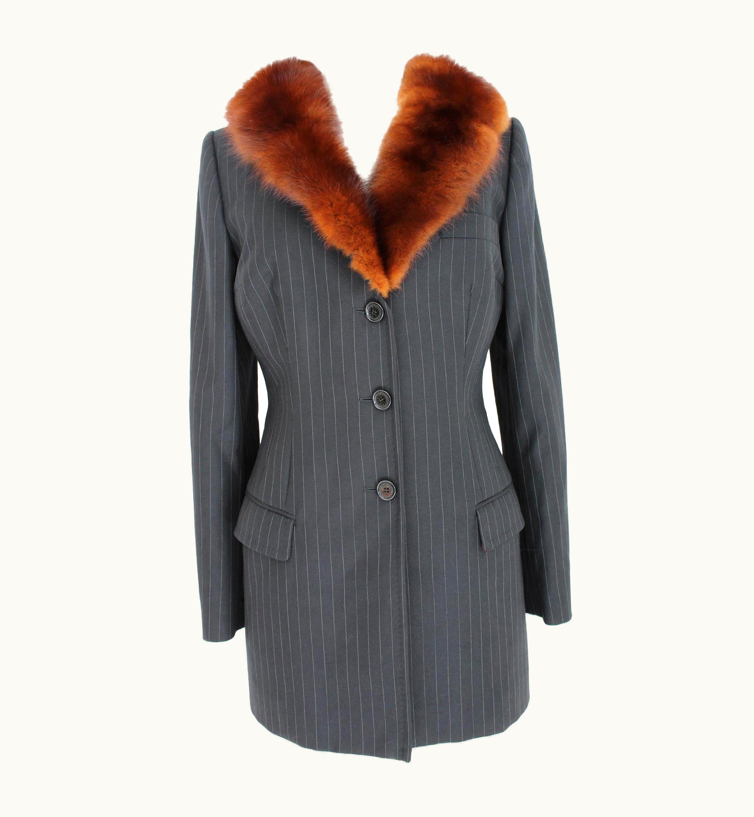 Dolce & Gabbana Dolce Gabbana Jacket Faux Fur Neck Pinstripe Black Long Slim Fit Model 1990s
