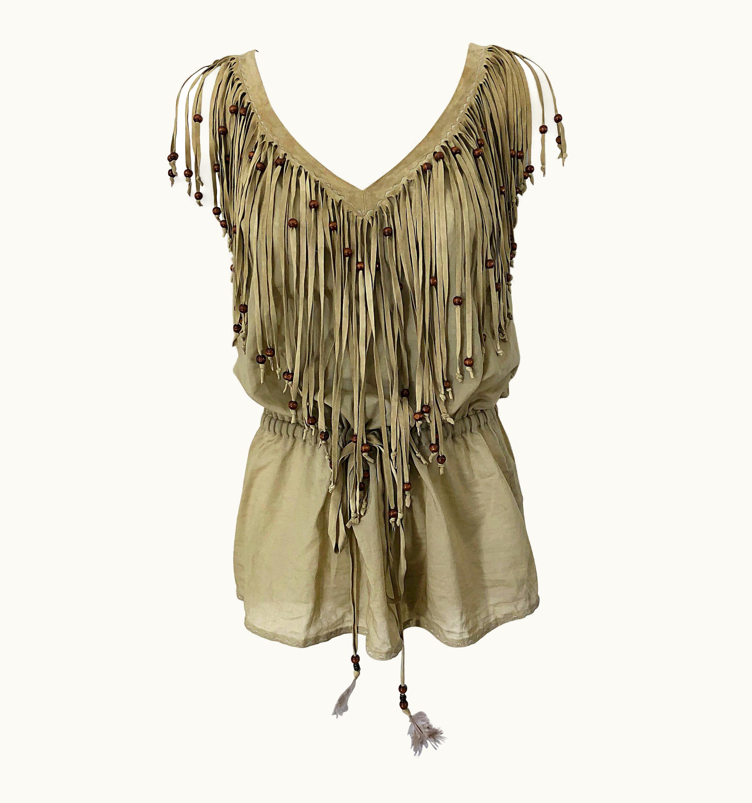 Dolce & Gabbana 1990s Dolce & Gabbana Khaki S/S Brown Cotton And Suede Feathers Beaded Boho Blouse
