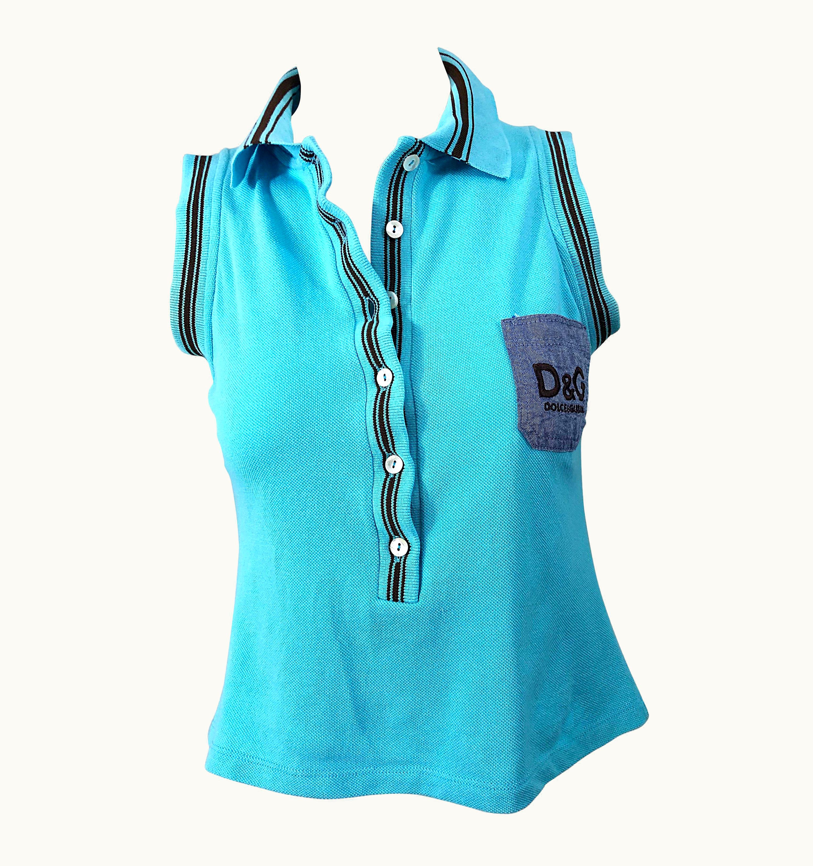 Dolce & Gabbana Vintage Dolce & Gabbana 1990s Turquoise Blue + Brown Logo 90s Knit Crop Top Polo