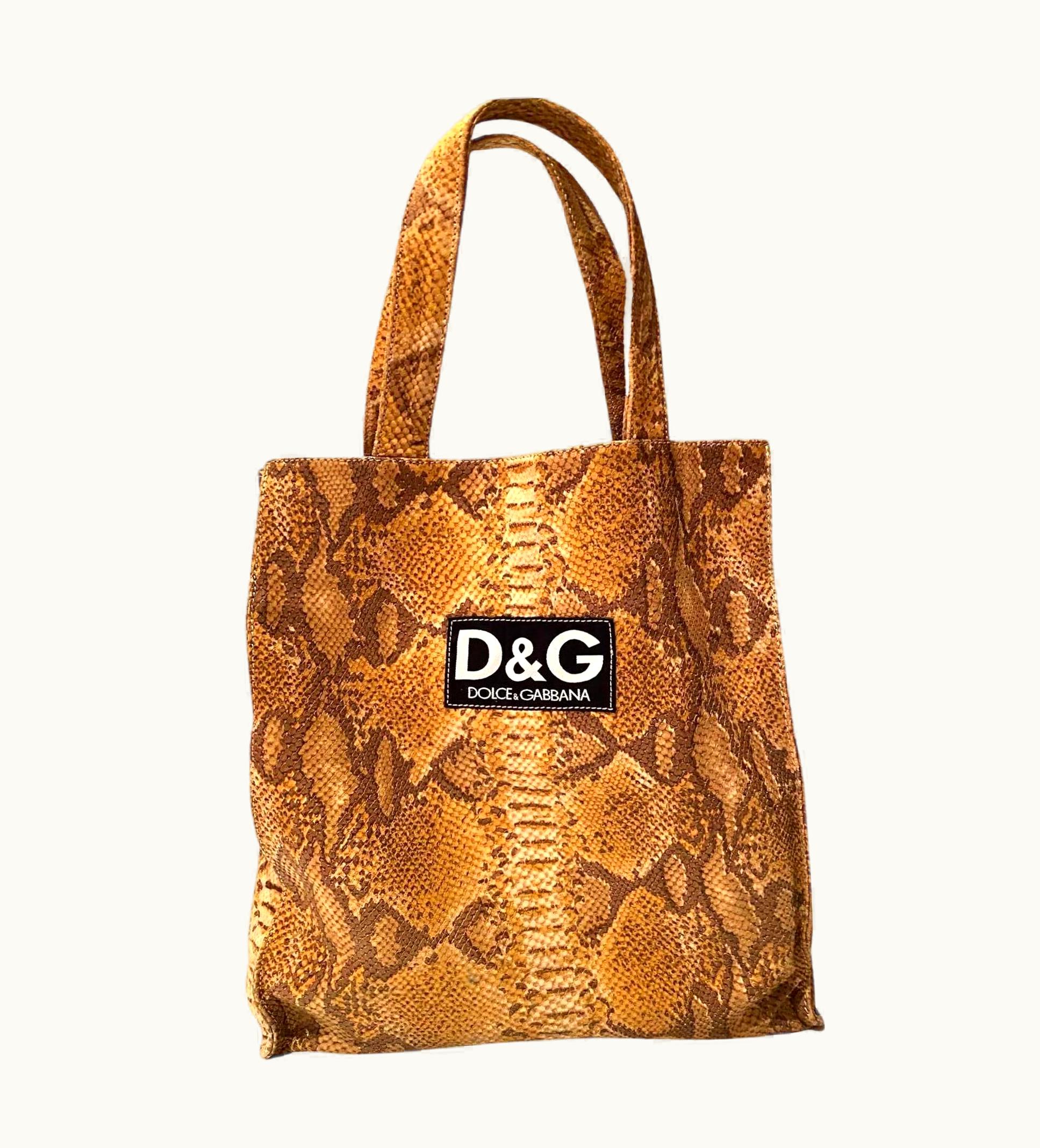 Dolce & Gabbana 1990s D&G By Dolce Gabbana Brown Leather Snake Print Shopper Tote Bag