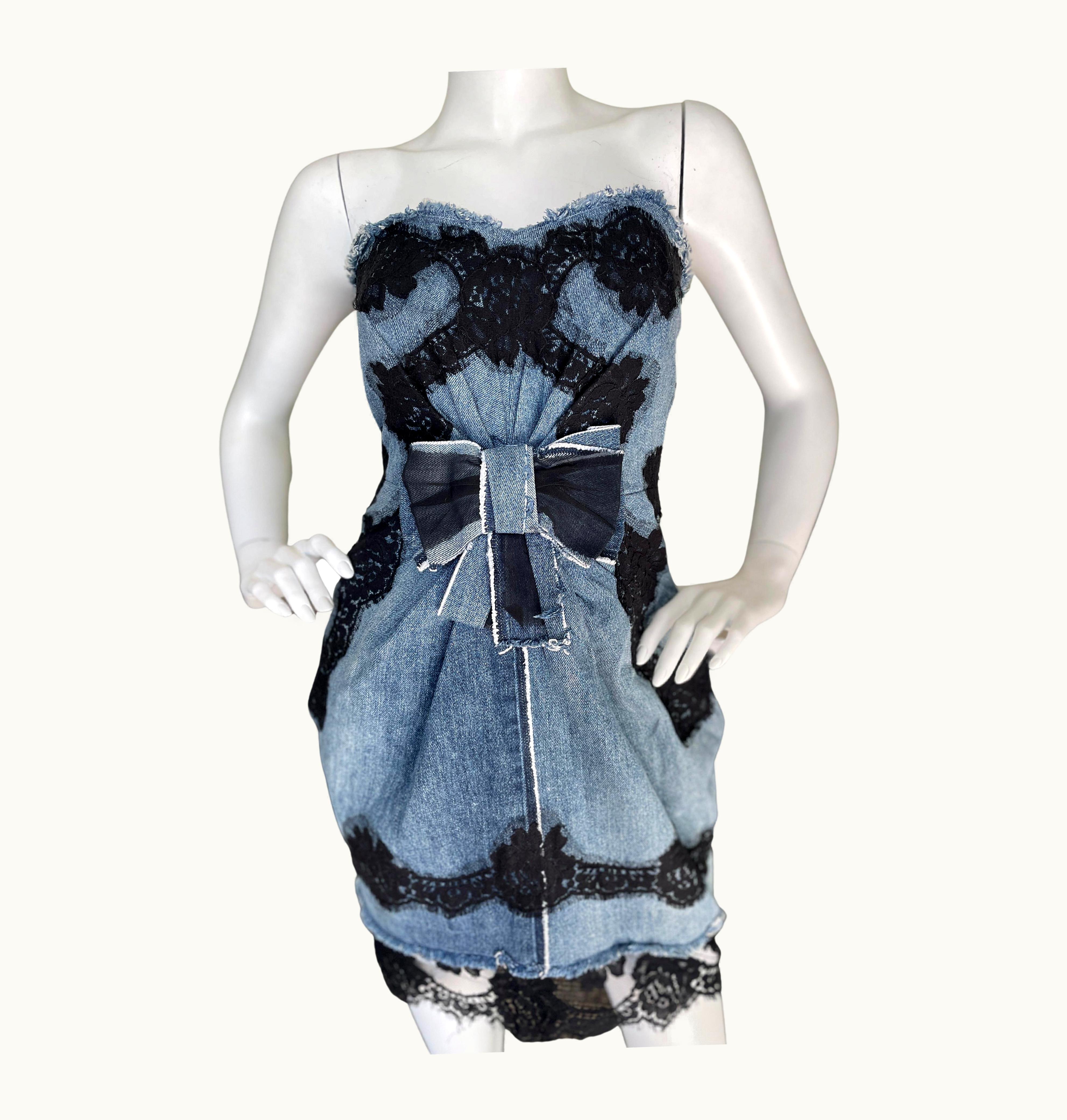 Dolce & Gabbana Dolce & Gabbana Vintage Strapless Distressed Denim Cocktail Dress With Lace Trim