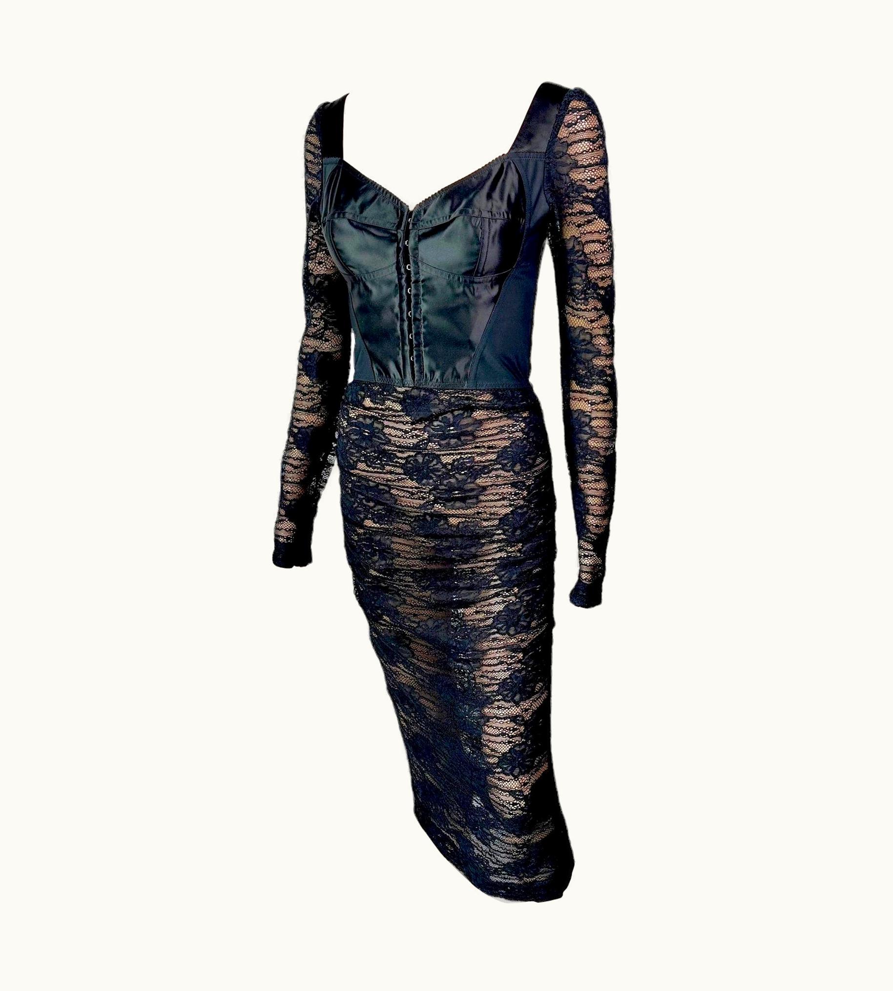 Dolce & Gabbana Dolce & Gabbana Bustier Corset Bra Sheer Lace Crochet Bodycon Black Midi Dress