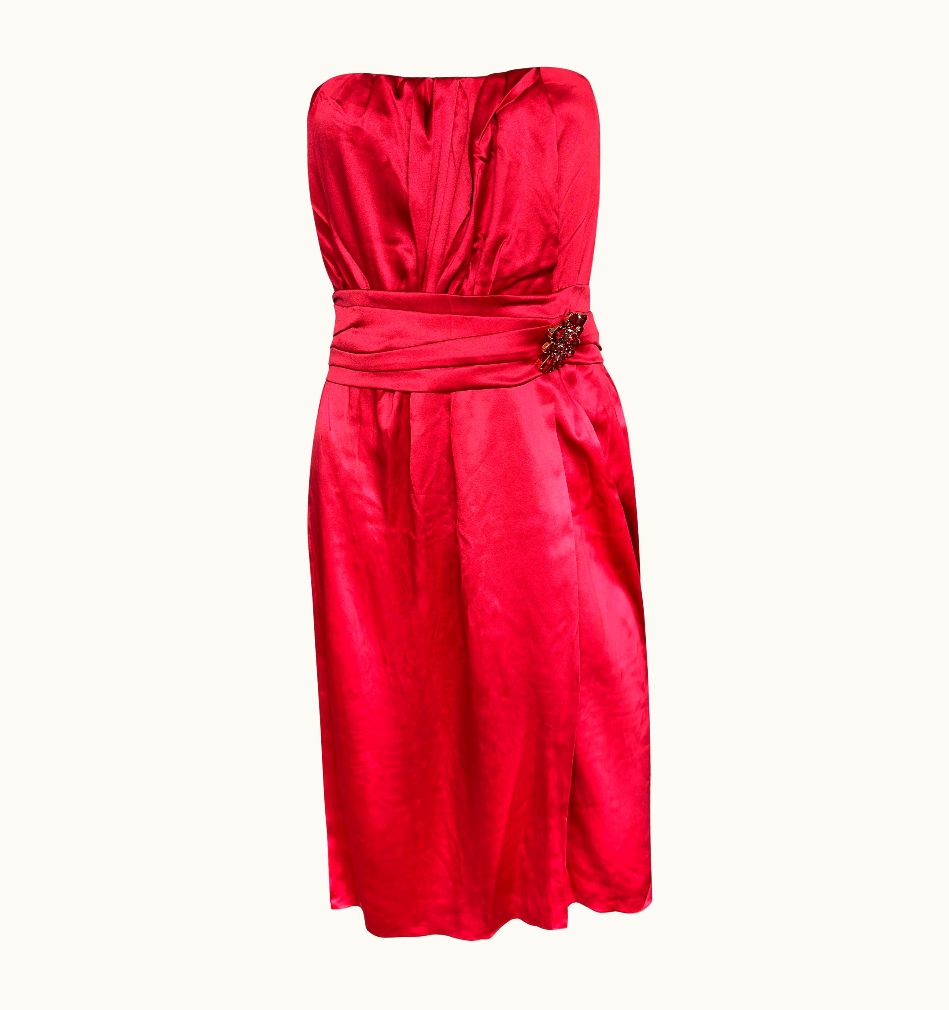 Dolce & Gabbana Dolce & Gabbana Red Satin Silk Embellished Draped Strapless Dress