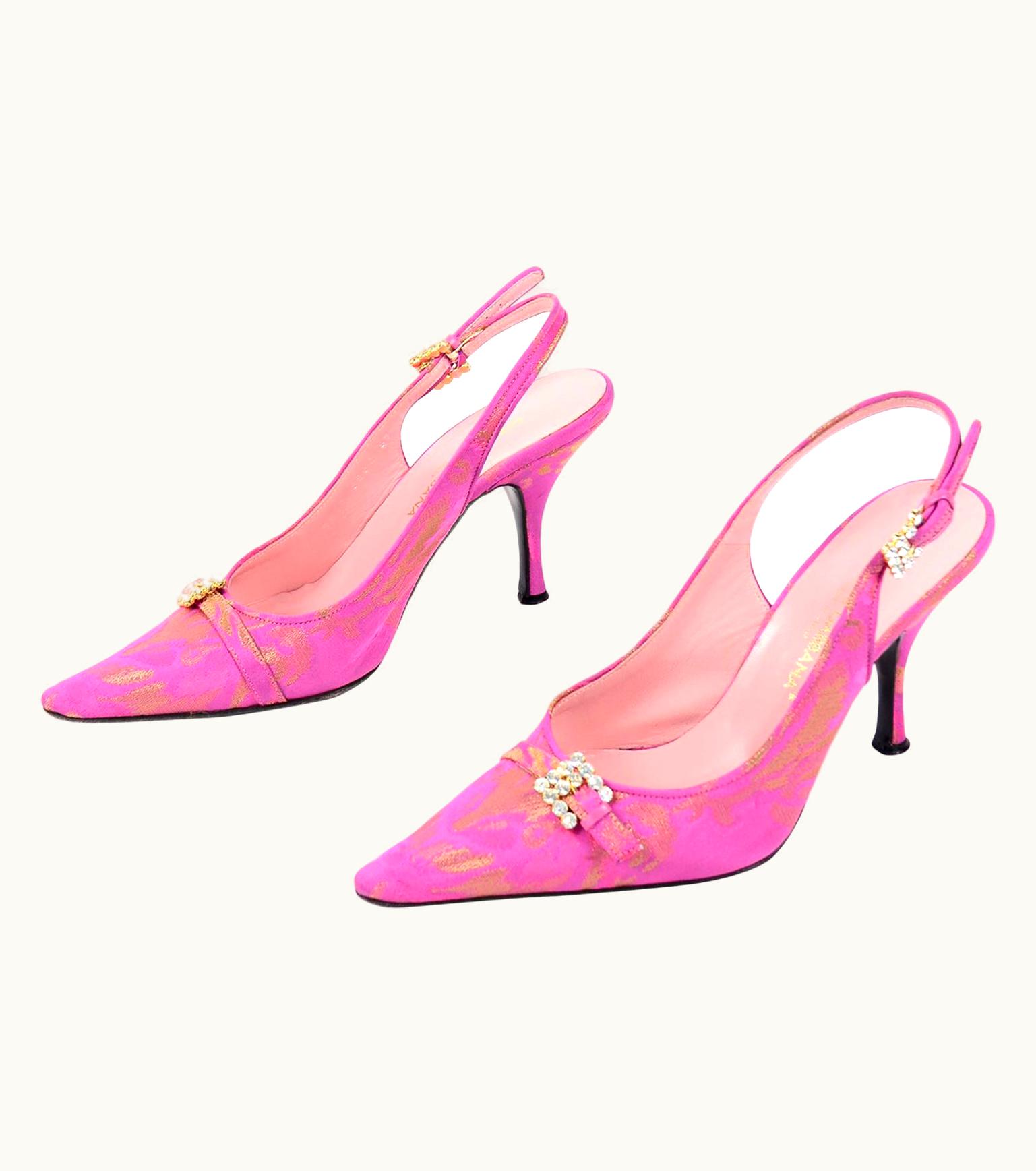 Dolce & Gabbana Dolce & Gabbana Pink & Gold Fabric Slingback Heels W Rhinestone Buckles