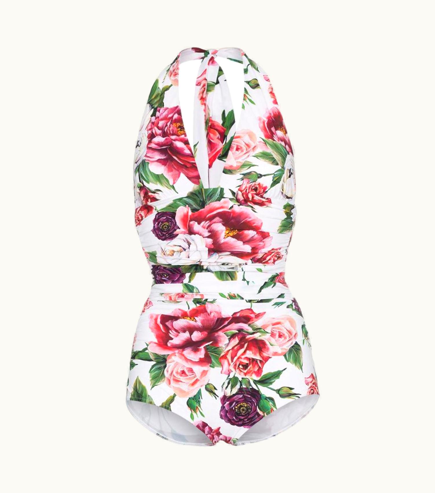 Dolce & Gabbana Dolce & Gabbana Pink White Peony Rose One-piece Swimsuit Swimwear V-neck Floral
