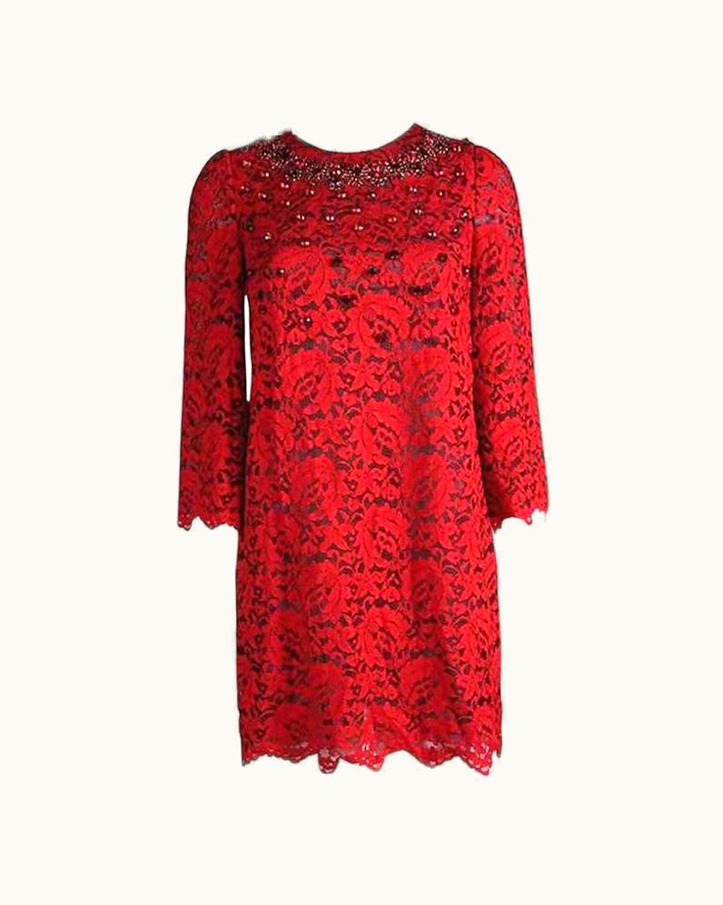 Dolce & Gabbana Dolce & Gabbana Crystal Embellished Red Lace & Silk Dress