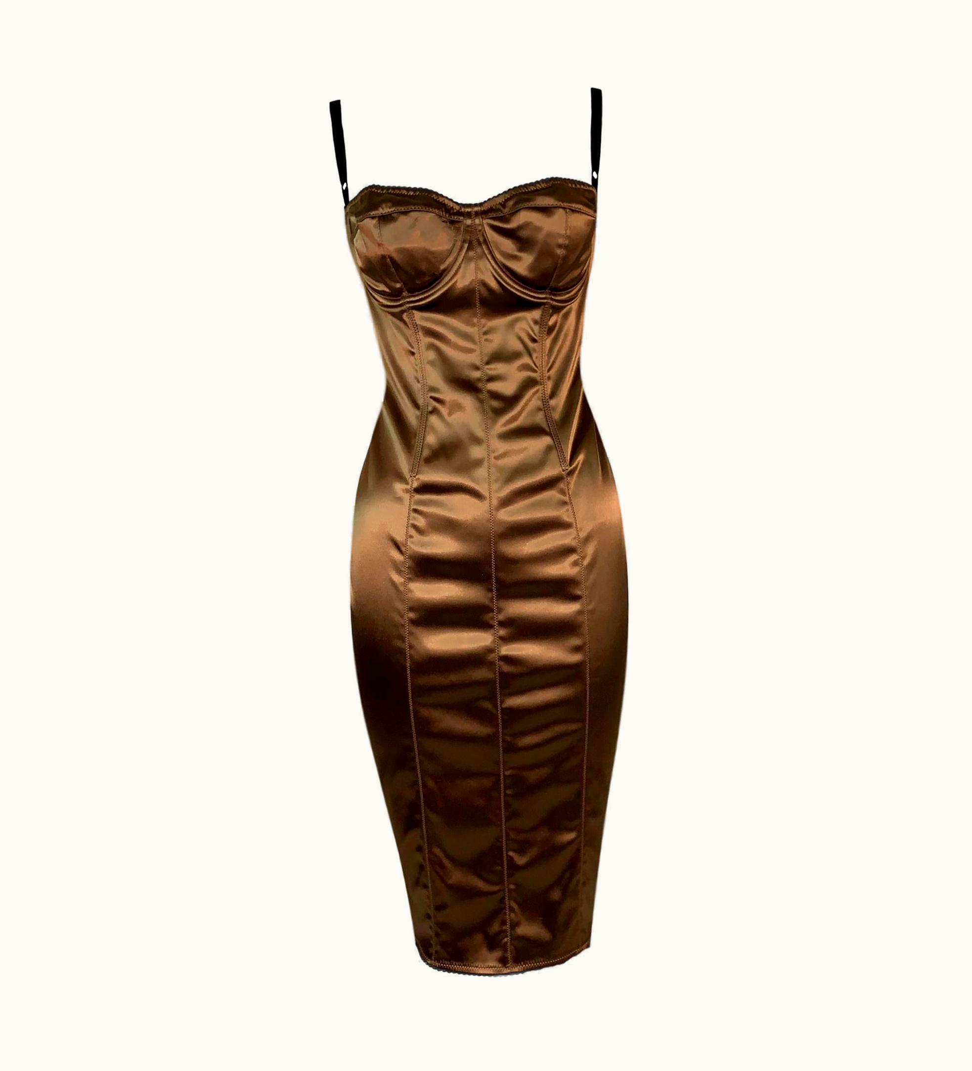 Dolce & Gabbana 1996 Dolce & Gabbana Bronze Bustier Hook & Eye Bodycon Wiggle Dress