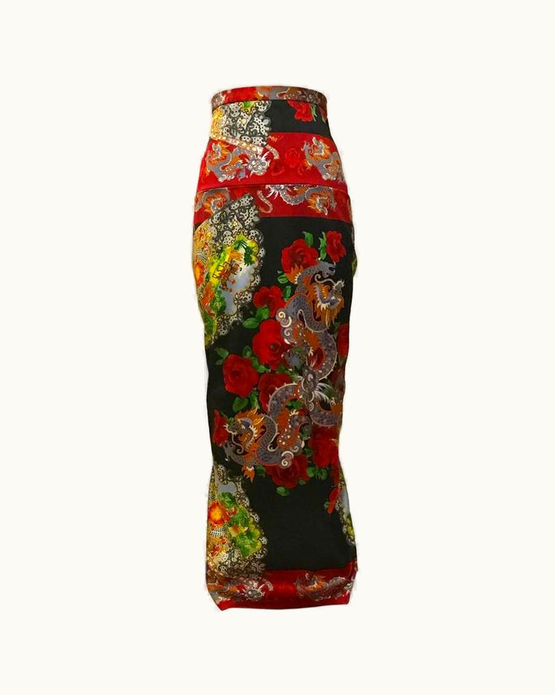 Dolce & Gabbana Dolce & Gabbana 1999 Chinese Inspired Dragon And Fan Print Wiggle Maxi Skirt UZ0609455