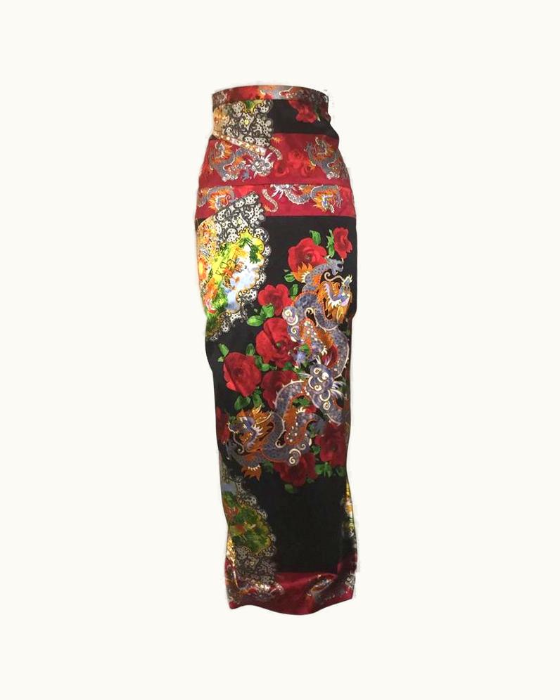 Dolce & Gabbana Dolce & Gabbana 1999 Chinese Inspired Dragon And Fan Print Wiggle Maxi Skirt UZ0609457
