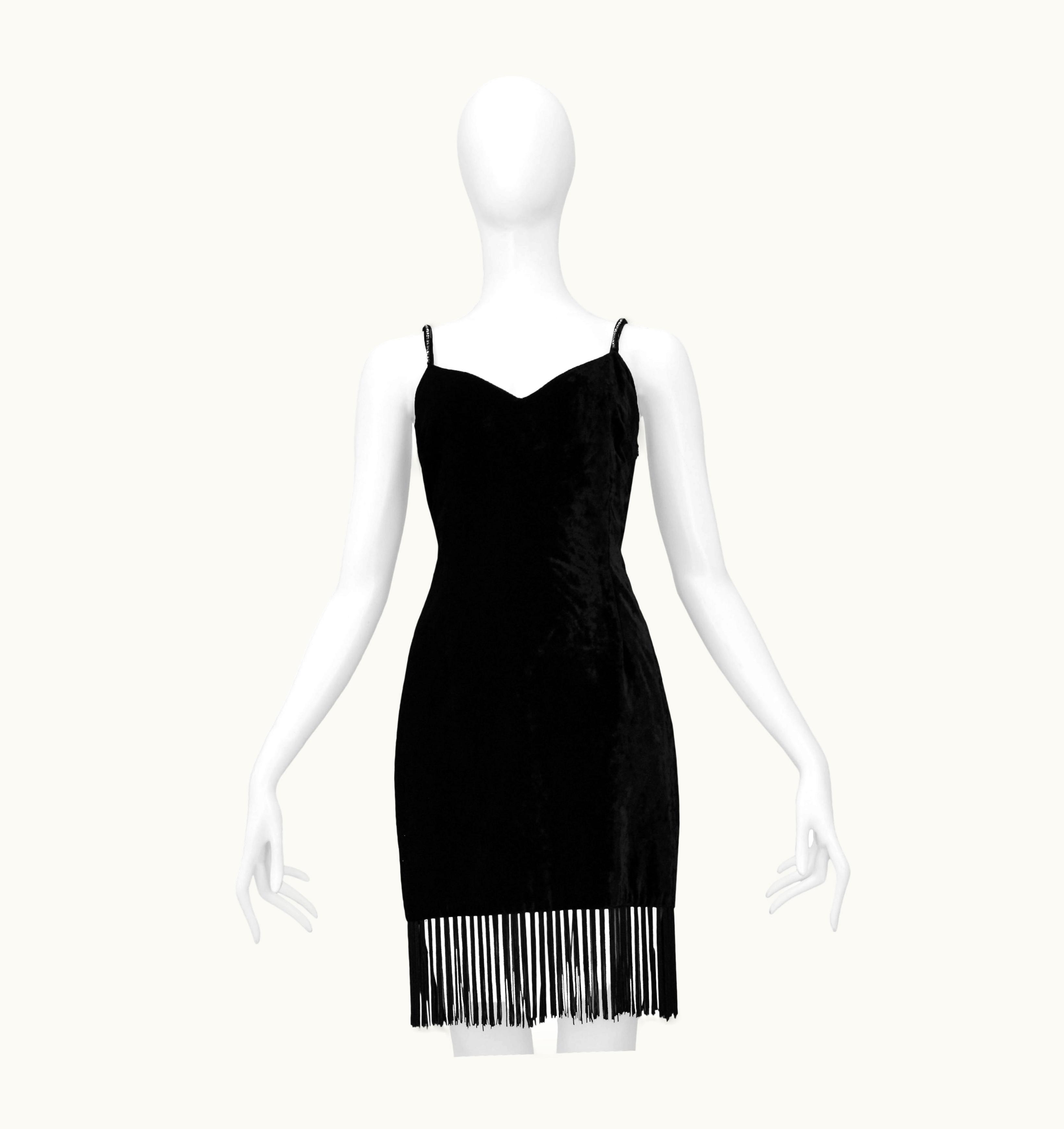 Dolce & Gabbana Dolce & Gabbana Black Velvet Mini Dress With Fringe Hem & Rhinestone Straps