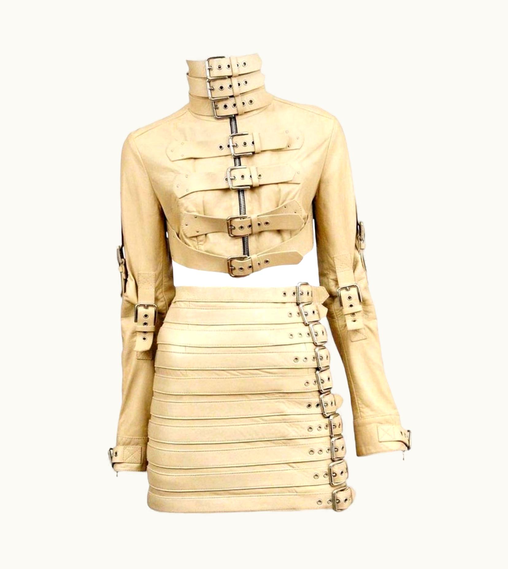 Dolce & Gabbana Unworn Dolce & Gabbana Bondage Buckle Leather Jacket Skirt Suit Ensemble As Kim