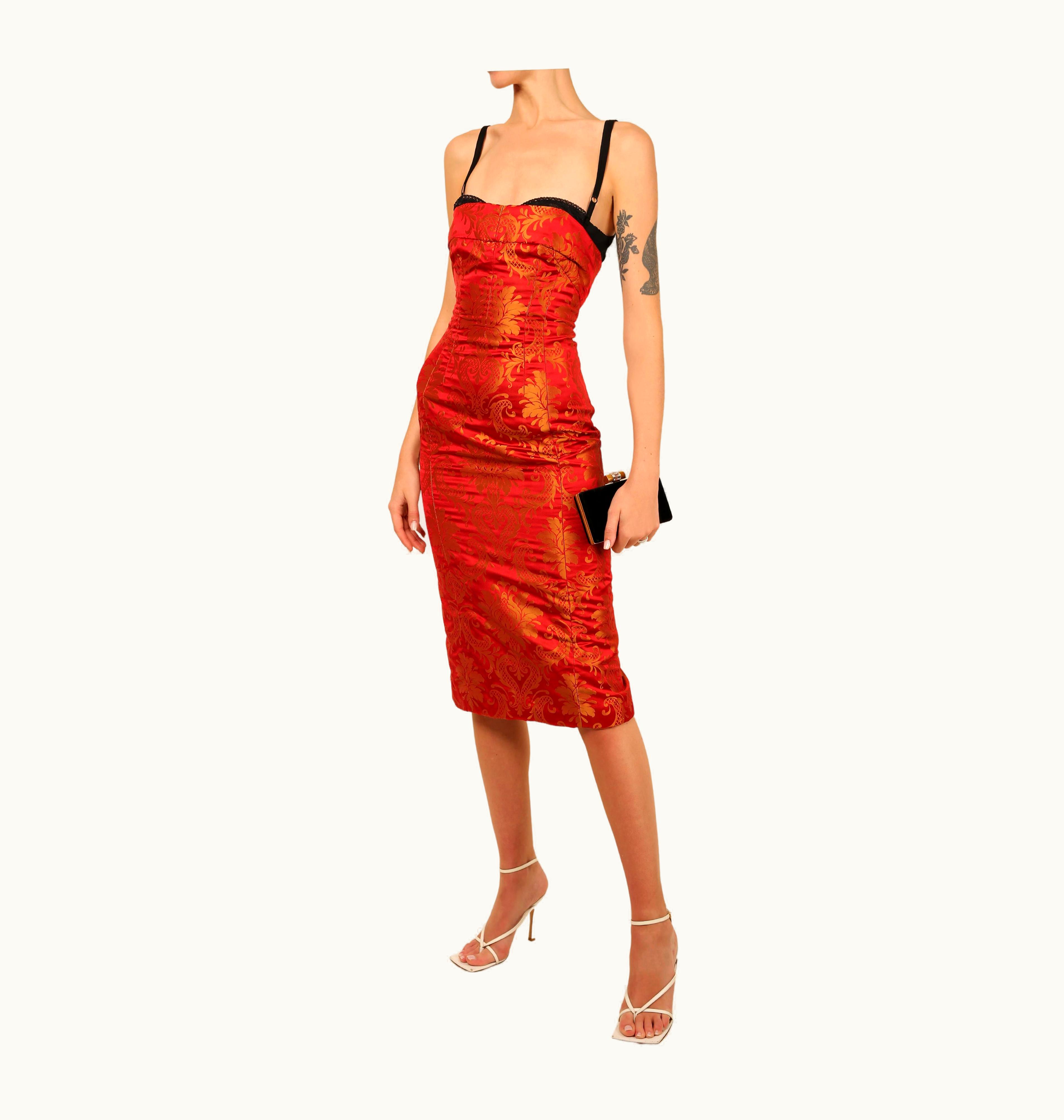 Dolce & Gabbana Dolce & Gabbana Red Gold Floral Print Oriental Asian Style Bustier Midi Dress