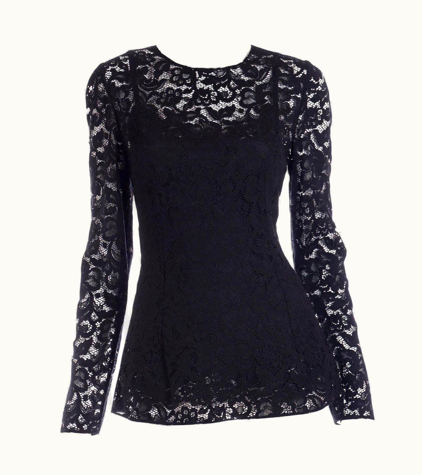Dolce & Gabbana Dolce & Gabbana Black Lace Blouse Top With Long Sleeves & Built In Camisole