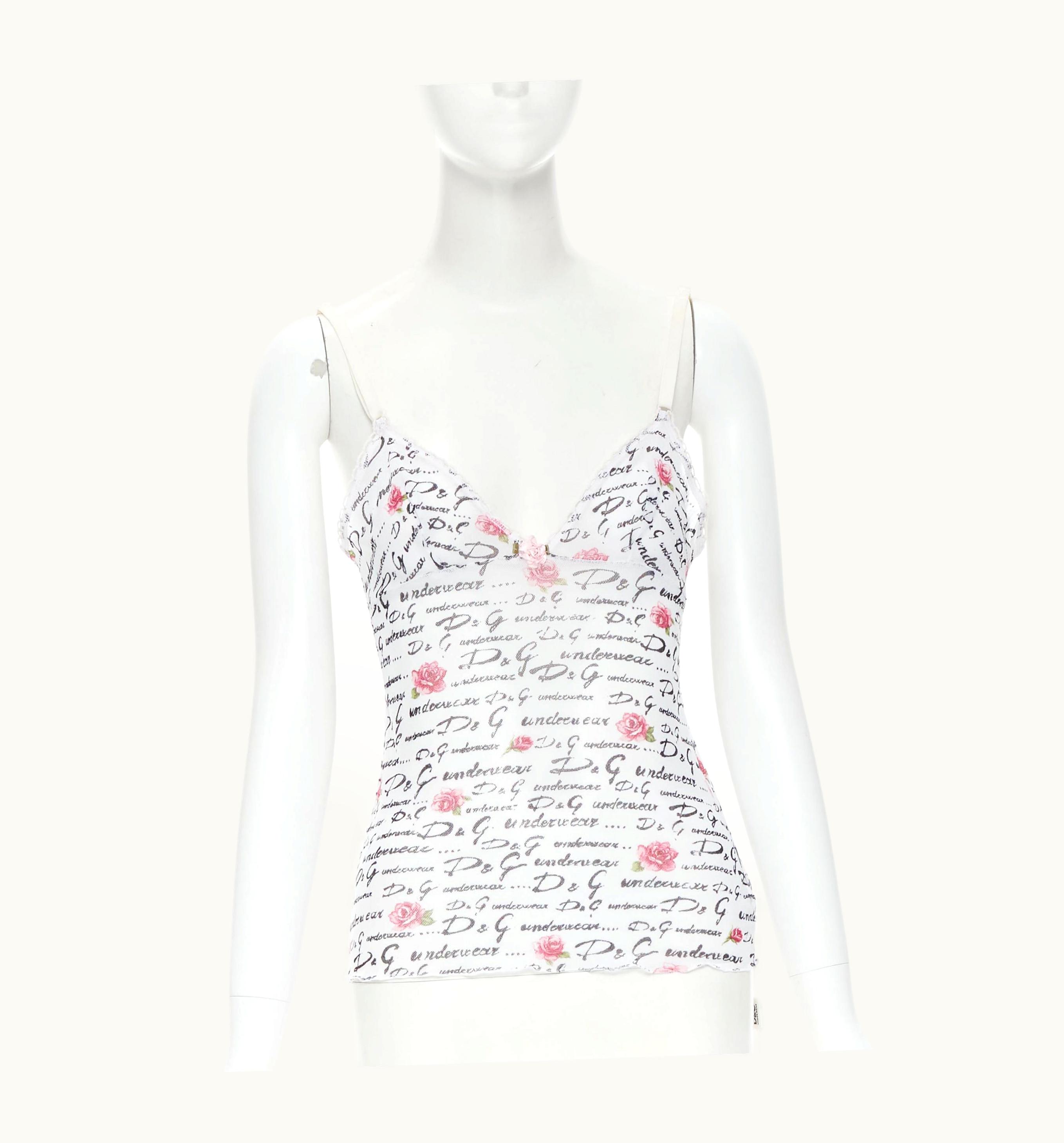 Dolce & Gabbana D&G Dolce Gabbana Underwear White Logo Rose Mesh Lace Trim Cami Tank Top
