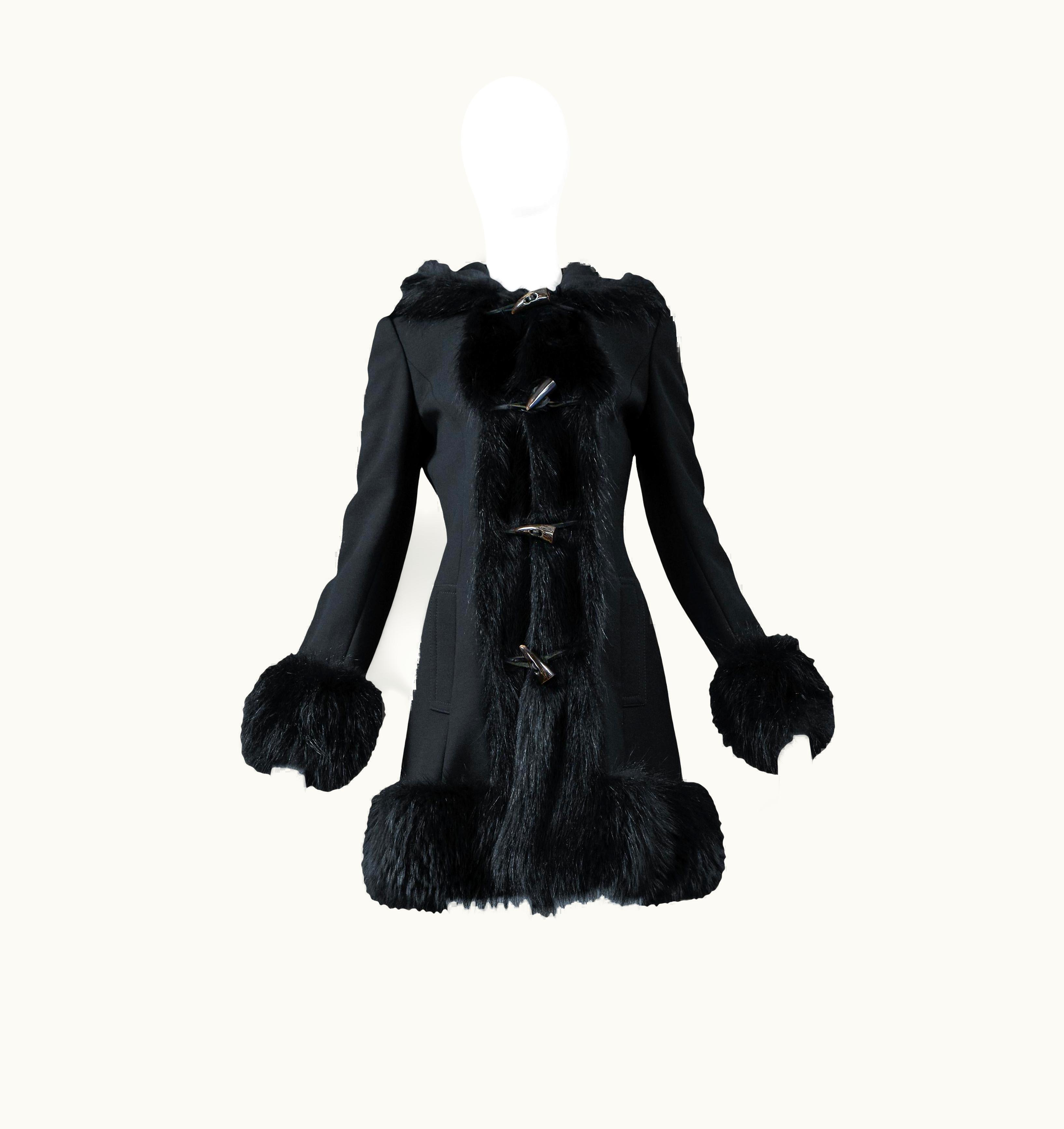 Dolce & Gabbana Dolce Black Wool Toggle Coat With Fur Trim Hood